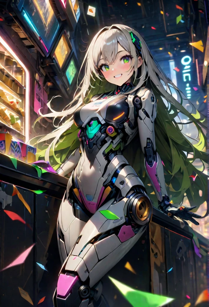 High quality, high definition images, full HD、
8k.1 girl( white long hair),ai cyborg girl 、black on white cyborg body) , many mechanisms are visible,Many green lights on the exterior
In a modern A bar with a cyber atmosphere(,with both hands I have crackers for the party 
Crackers, )lots of colorful confetti,Smiling and looking at the camera,