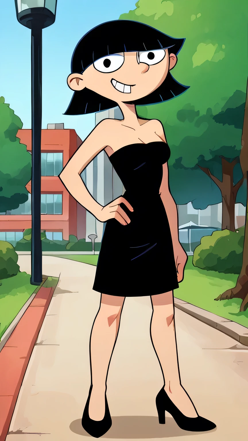 score_9_up,score_8_up,score_7_up,score_6_up,score_5_up,score_4_up BREAK rhonda, black hair, black eyes, bob cut, blunt bangs, small breast, black high heels, strapless, black sweetheart dress, black pencil skirt, contrapposto, left hand on own hip, park, right arm at side, trees, city building, smile, cowboy shot, looking at viewer,    