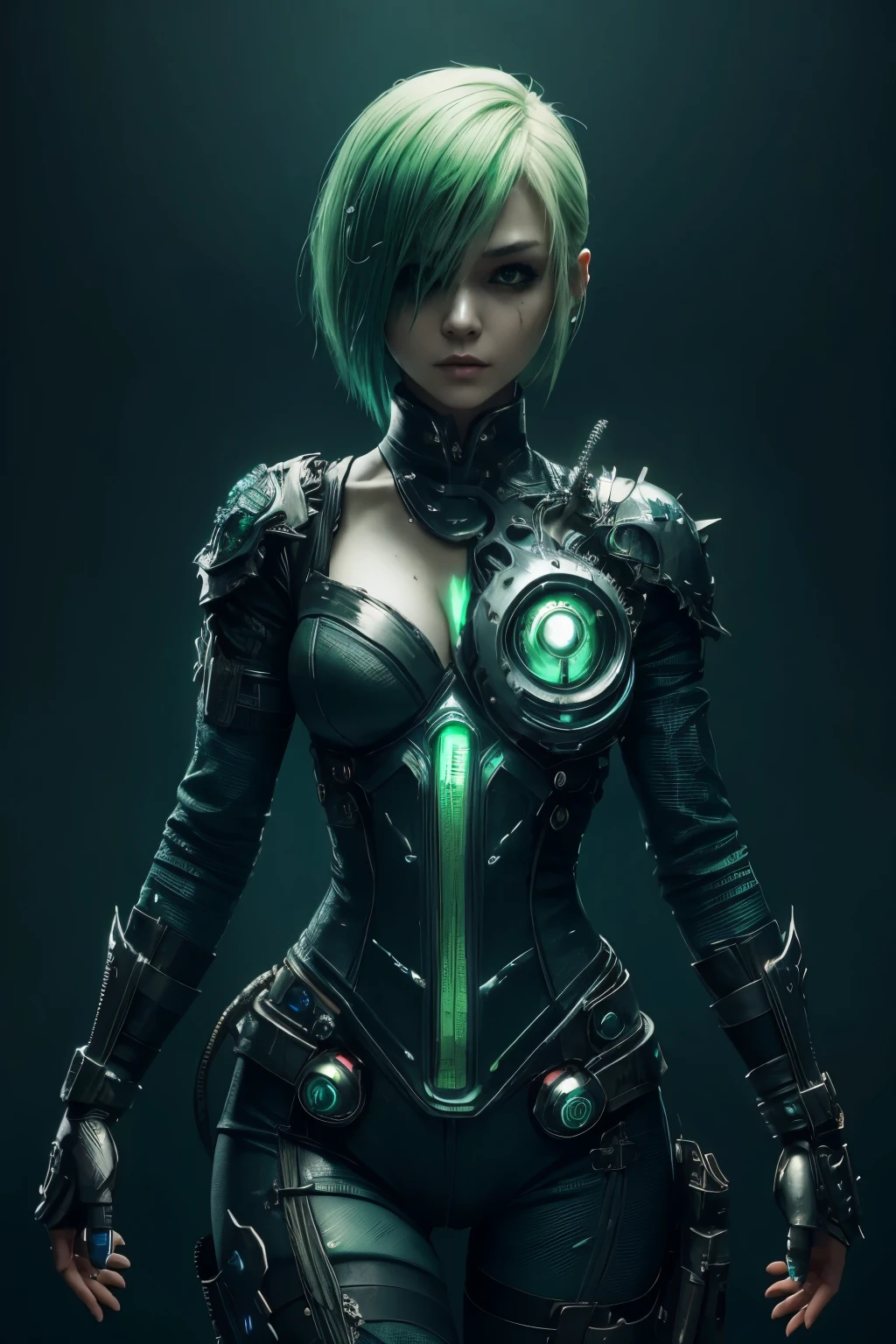 beautiful japanese young woman, extreme detailed, bodysuit, gloves, belt, thigh boots, (valorantViper:1.2), bodysuit, gloves, belt, thigh boots, respirator, looking at viewer, face, portrait, close-up, green, slender, (combat ready stance), (tactical outfit), (solo character), (gaming theme:1.5), short hair, green, (blonde hair), (milittary gear), (gas mask:0.4), (poisonous green:1.2), (glowing  effects),