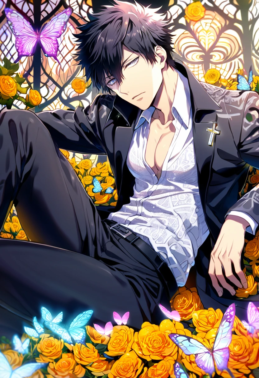 Ultra detailed, Highres, absurdres, HDR, Kougami Shinya, black hair, expressive silver eyes, black coat with patterns, Psycho Pass, white shirt, cross, glittering butterflies, petals, handsome, sexy man, solo, very detailed eyes and face, master piece, toned chest, glittering, flowers, sitting