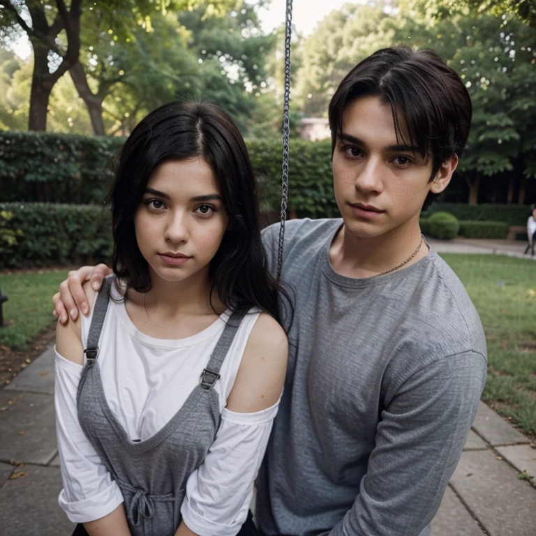 Emo couple interracial the boy is Polish, similar to Dominik Santorski from the movie Suicide Room He is Polish, grayish blue eyes, white complexion , tall 1.91cm and slim, his hair is dark brown and short hair emo style The girl is Mexican girl long straight black hair ,she has curvy body and black eyes she is shorty 1.65cm Light brown complexion , she is more shorty than him , Make them Swinging on some swings in the park 
