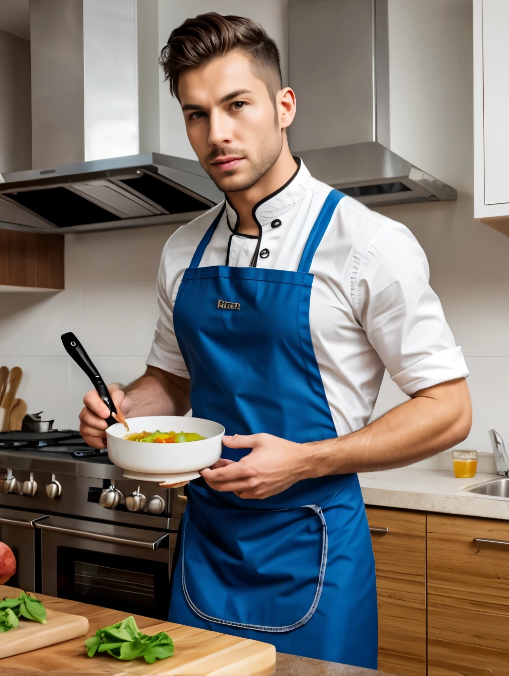 1man, front view, naked apron, elegantly cooking in a kitchen , wearing a chic apron, penis head shows below apron, 