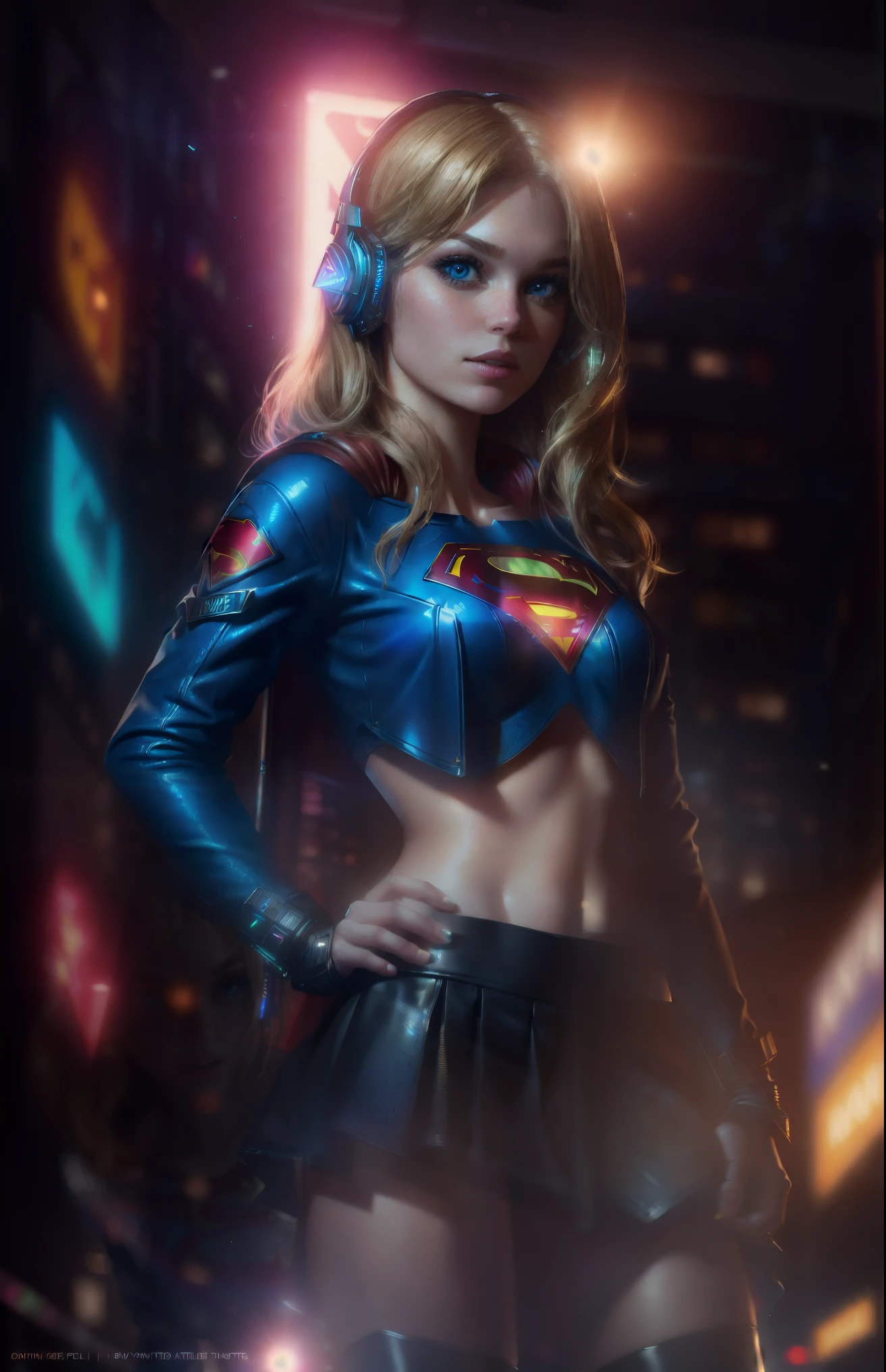 Best quality, realistic, blonde, award-winning Supergirl illustration, (complicated detail: 1.2), (fine detail), (complicated detail), (cinematic lights, best quality backlight), sharp lines, sharp focus, official art, unit 8k wallpaper, absurd, unbelievably absurd, huge file size, ultra- (in_main_street:1.21), (neon lamp), fantasy art, rtx,((triangle closeup photo by award-winning studio)), 1Supergirl, very pretty, (shut up), small breasts, ((Cyberpunk city Street, Battle Maiden)), perfect hands, beautiful detailed blue eyes, Perfect Face, (Cyberpunk blouse, leather jacket, Martin boots) ,,(headphones_around_hair),((pleated skirt) ), ((supermodel pose)),