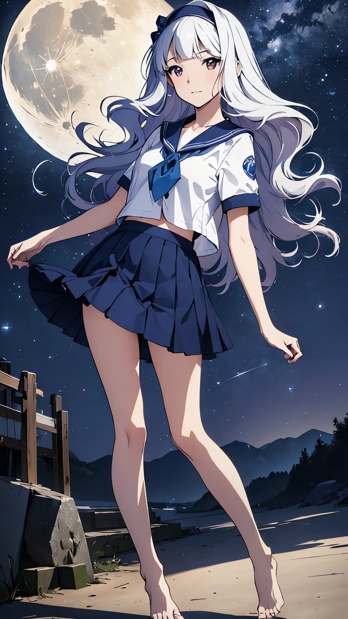 CG, unity, 8k, wallpaper, highest quality, masterpiece, best lighting, detailed background, (Spectacular starry sky with the Milky Way visible), nebula, night, In the beach, complex pupils, complex textile, realistic skin texture, 1 beautiful woman, takane shijou, long white hair, white skin, (sad expression: 1.1) Rear view looking up at the sky, (There is a moon at the back: 1.3), the moon is one, white sailor suit, (blue collar, blue skirt: 1.3), short sleeve, (barefoot: 1.5), (draw the whole body), movie angle, A picture that looks like a movie advertisement