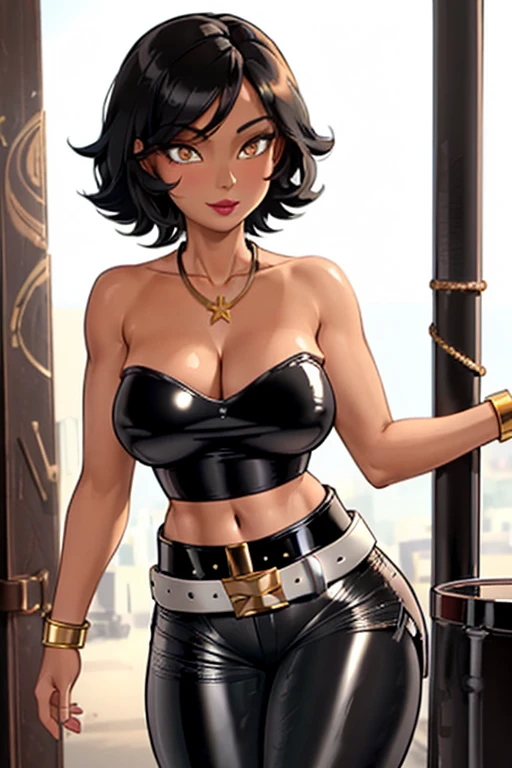 8K, (best quality, masterpiece:1.3), (detailed:1.2), 1girl, solo, ((26 year old, Filipino Woman, tanned bronze skin:1.02, short black hair:1.3, Detailed Amber eyes:1.03, (shiny skin), glossy lips, lipstick, Detailed face, medium breasts, narrow waist, wide hips, curvy (Wearing: Strapless Black tube top, black leather pants, white belt, necklace, bracelets:1.2)), (midriff), (agile physique:1.1), (Character Focus),Perfect Anatomy, She's looking at the camera with an care-free and joyful look on her face, (walking),
