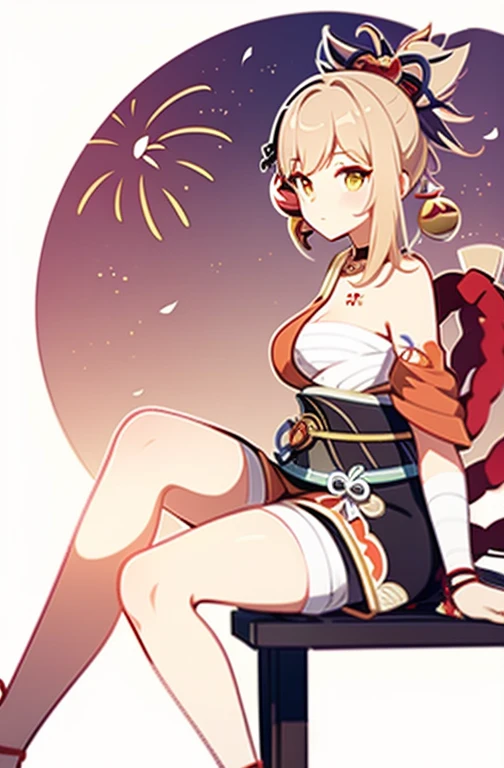 Fireworks pattern white, background,Yoimiya from Genshin Impact, Casual wear, facing sideways, sit, circle in the middle,