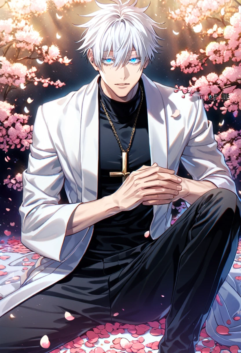 absurdres, highres, ultra detailed, HDR, master piece, best quality, Gojo Satoru, white hair, with bangs, hair between the eyes, expressive blue eyes, white eyelashes, Jujutsu Kaisen, solo, sexy man, handsome, toned chest, white coat, black tight shirt, black pants, sitting, cross, butterflies, petals, magical