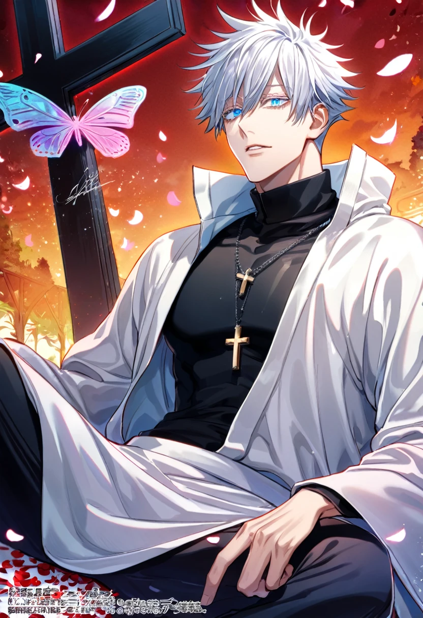 absurdres, highres, ultra detailed, HDR, master piece, best quality, Gojo Satoru, white hair, with bangs, hair between the eyes, expressive blue eyes, white eyelashes, Jujutsu Kaisen, solo, sexy man, handsome, toned chest, white coat, black tight shirt, black pants, sitting, cross, butterflies, petals, magical