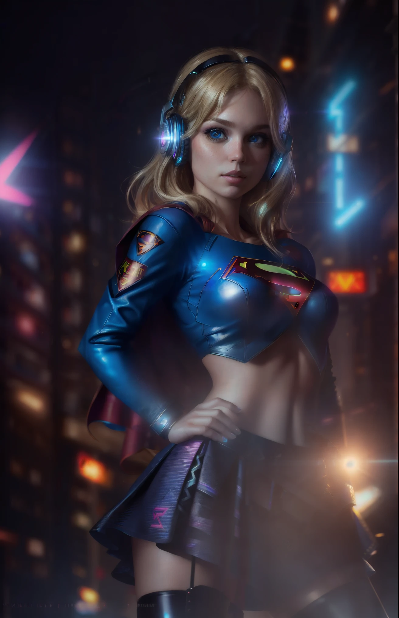 Best quality, realistic, blonde, award-winning Supergirl illustration, (complicated detail: 1.2), (fine detail), (complicated detail), (cinematic lights, best quality backlight), sharp lines, sharp focus, official art, unit 8k wallpaper, absurd, unbelievably absurd, huge file size, ultra- (in_main_street:1.21), (neon lamp), fantasy art, rtx,((triangle closeup photo by award-winning studio)), 1Supergirl, very pretty, (shut up), small breasts, ((Cyberpunk city Street, Battle Maiden)), perfect hands, beautiful detailed blue eyes, Perfect Face, (Cyberpunk blouse, leather jacket, Martin boots) ,,(headphones_around_hair),((pleated skirt) ), ((supermodel pose)),