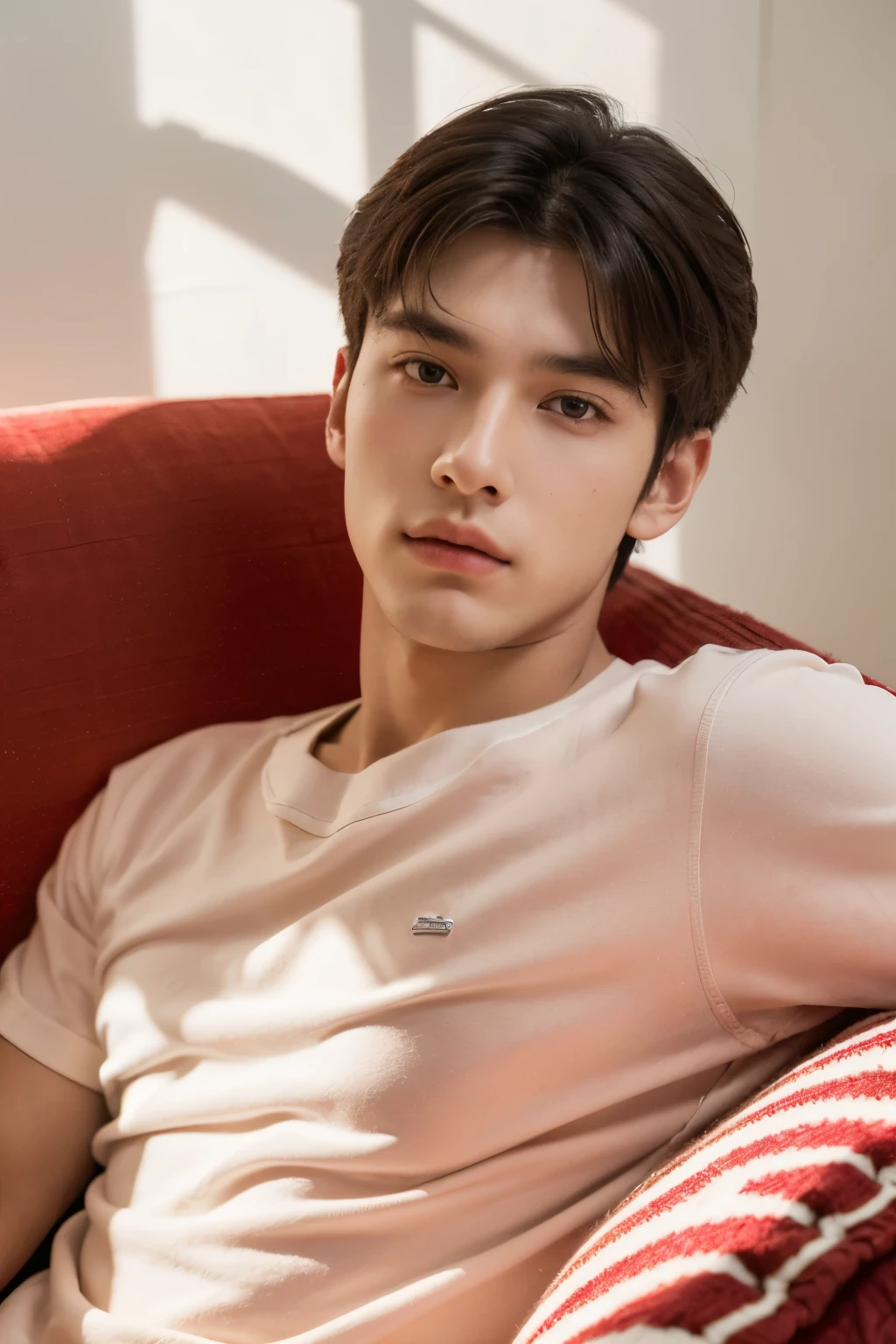 In the image, a young man is depicted as he reclines comfortably in a pink hammock, located in a white-walled room. The scene is rendered in ultra-realistic style with an abundance of details. The young man wears a red shirt with black stripes, the fabric texture and pattern evident in the high-definition image. His serious expression is accentuated by the sofa's shade, casting a subtle yet noticeable shadow on his face. The room's soothing ambiance is further emphasized by the tranquility of the scene, leaving an enchanting impression for the viewer.