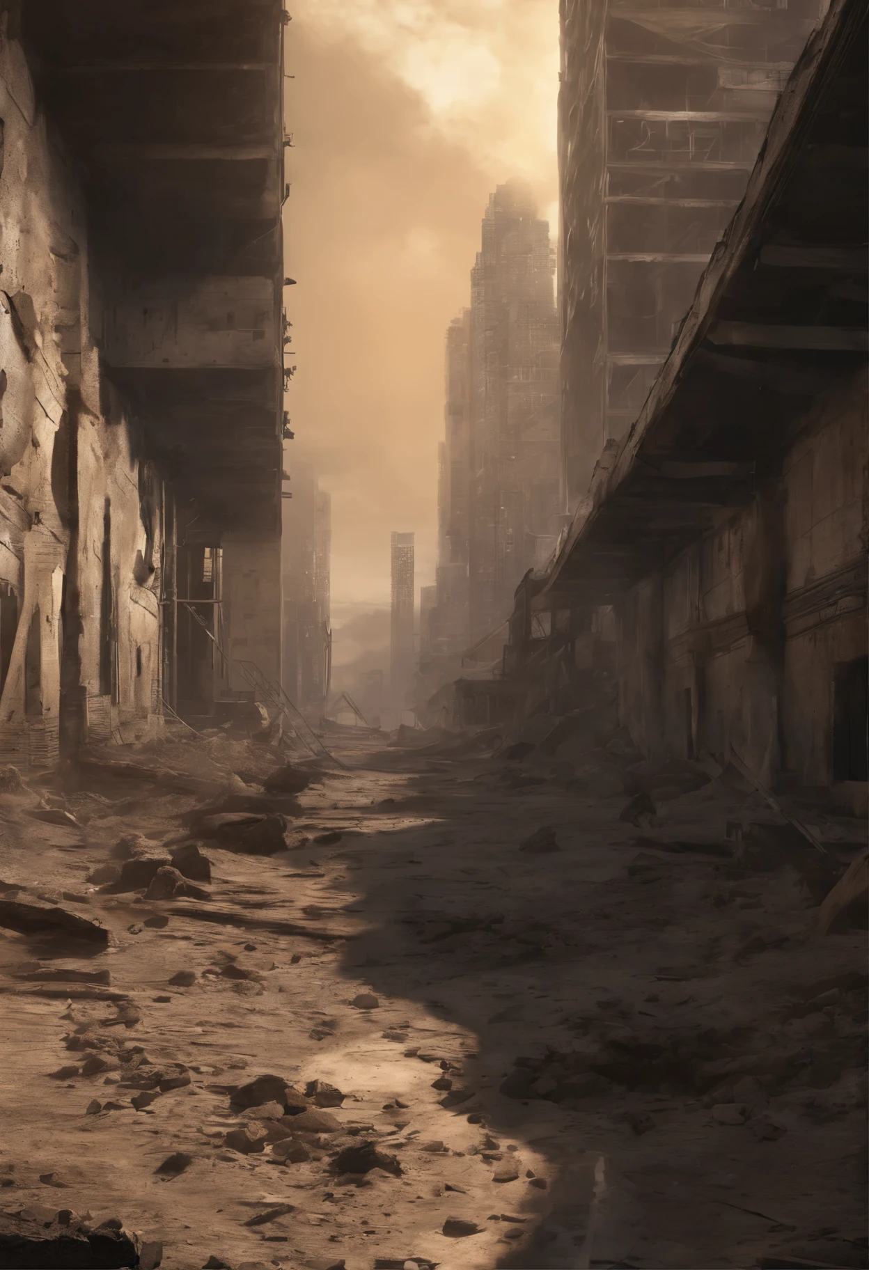 image of the view from inside a winding bridge between a tall tower in the center of a post-apocalyptic North American canyon and another building, view of the entire desert, there is a reinforced concrete walkway connecting one building to another on the horizon, o deserto tem canyons no horizonte, has smoky structures, carros abandonados nas ruas, desert megalopolis, tall buildings and collapsing to the ground, many destroyed buildings around, sol da tarde, sol se pondo, sunset in the sky, sol poente visivel no horizonte, TEM UMA GAROTA VESTIDA COM CAPUZ ANDANDO NA RUA, as realistic as possible, As detailed as possible, as realistic as possible, ultra realismo