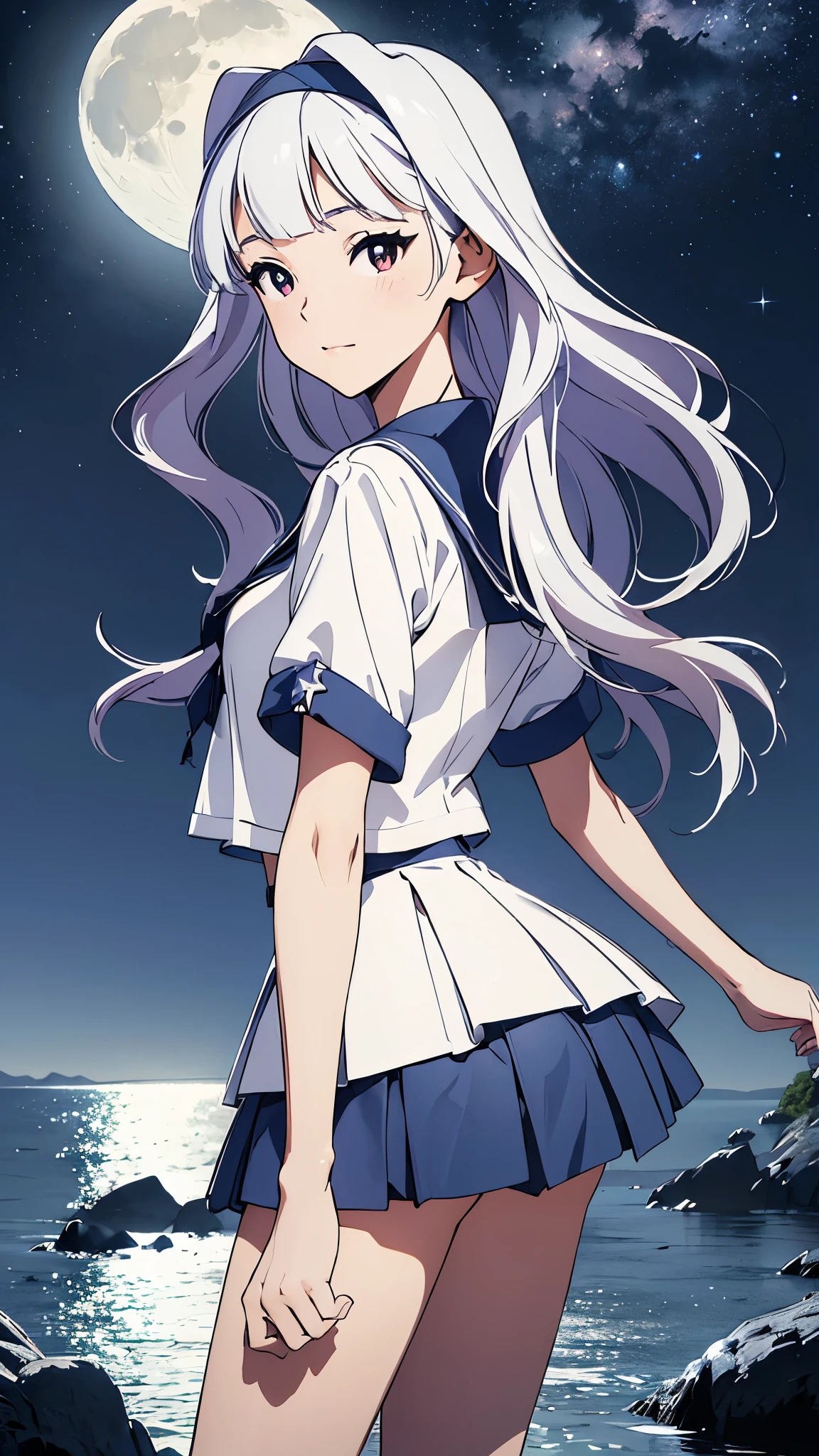 CG, unity, 8k, wallpaper, highest quality, masterpiece, best lighting, detailed background, (Spectacular starry sky with the Milky Way visible), nebula, night, In the beach, complex pupils, complex textile, realistic skin texture, 1 beautiful woman, takane shijou, long white hair, white skin, (sad expression: 1.1) Rear view looking up at the sky, (There is a moon at the back: 1.3), the moon is one, white sailor suit, (blue collar, blue skirt: 1.3), short sleeve, (barefoot), (draw the whole body), movie angle, A picture that looks like a movie advertisement