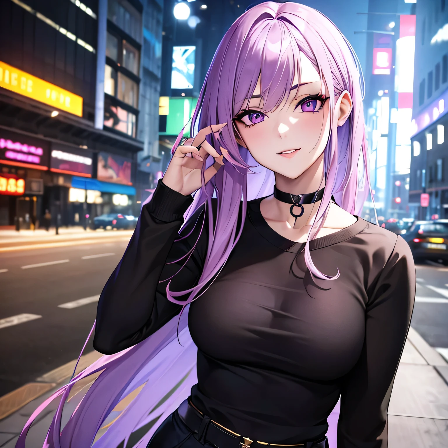Anime realism style, 20-year-old girl, light purple hair, long slightly waved, purple eyes, sharp eyes, eyeliner, seductive smile, pale skin, extremely beautiful, purple sweater, black cargo pants, choker, on New York City streets. (best quality, highres, ultra-detailed, realistic:1.37), portraits, color palette: light purple and black, vibrants lighting