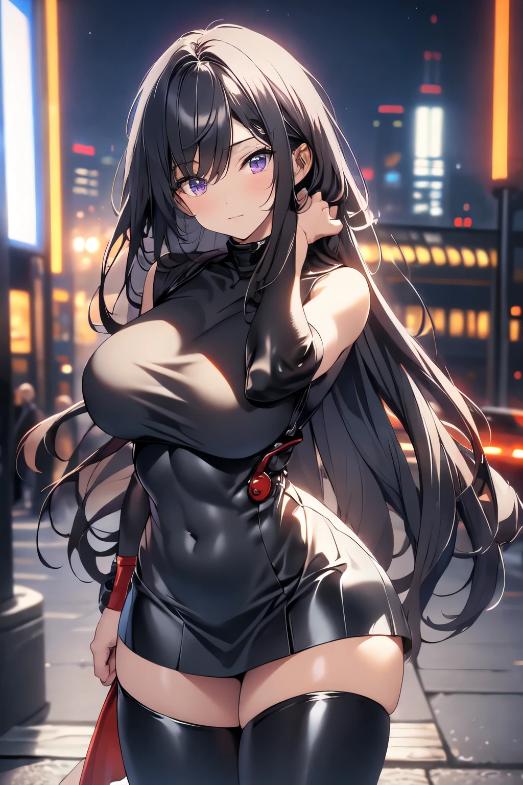 beautiful, Alone, 1 woman, Long hair, black hair, blue highlights at the ends of the hair, purple eyes, black leather bodysuit, pleassed skirt, red cloak, futuristic, cyberpunk, cinematic angle, Cinematic lighting, Work of art, best quality, nsfw, crotch rubbing