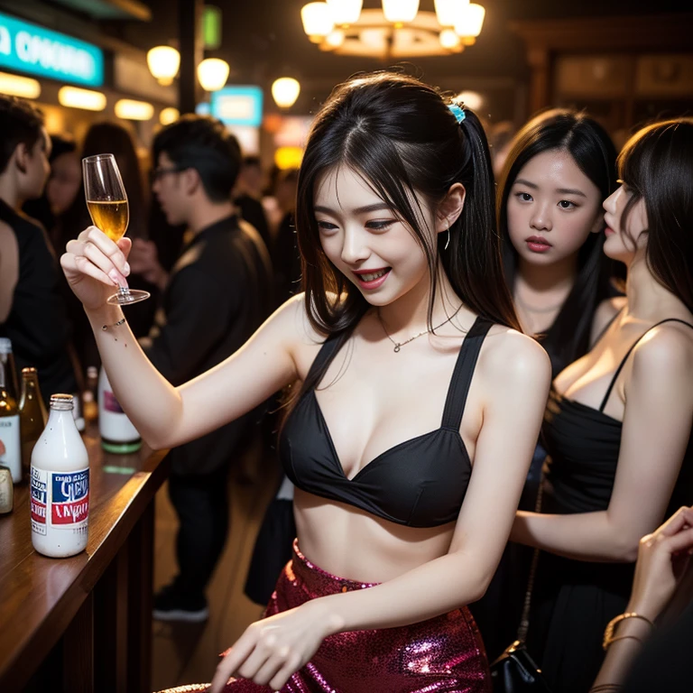 Drunk woman、A woman fainting、Half dressed woman、Crazy downtown、Empty bottles、Smoky streets、Disheveled Hair、My makeup has smudged、Fallen、Lost consciousness、Wine Bottle、Dirty street、Party Shards、Confetti、Beer cans、Neon Light、Dancing crowd、Blurred vision、Blurred Scenery、Wild Night Out、Alcohol-induced haze、Dazzling lights and sounds、Loud music、An atmosphere of madness、Young people gathering、Bright colors、excessive drinking、Laughter from partygoers、Glassy Eyes、Disorientation、A precarious balance、Unbridled Dance、Reckless behavior、Euphoria、joy、excited、Indulgence、drunkenness、chaos、waste、Incoherent conversation、Mischievous Smile、Severe headache、nausea、regret、Tomorrow's Chaos、debauch、過度のIndulgence、Adventure Night、An unforgettable experience、Vague memories、sleepless、Waking up with a hangover、(highest quality、4k、8k、High Resolution、masterpiece: 1.2)、Super detailed、(Real、Photorealistic、Photorealistic: 1.37)、Bright colors、Bokeh、Wild Night Unfolding、Disorientation現実、natural breasts