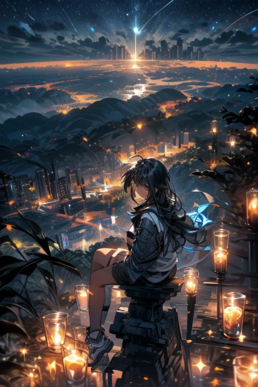 octane, sky, star (sky), scenery, starry sky, night, 1 black girl, night sky, solo, outdoors, building, cloud, milky way, sitting, candles , long hair, city, hourglass figure, silhouette, wearing a jacket and jean shorts, cityscape view from above