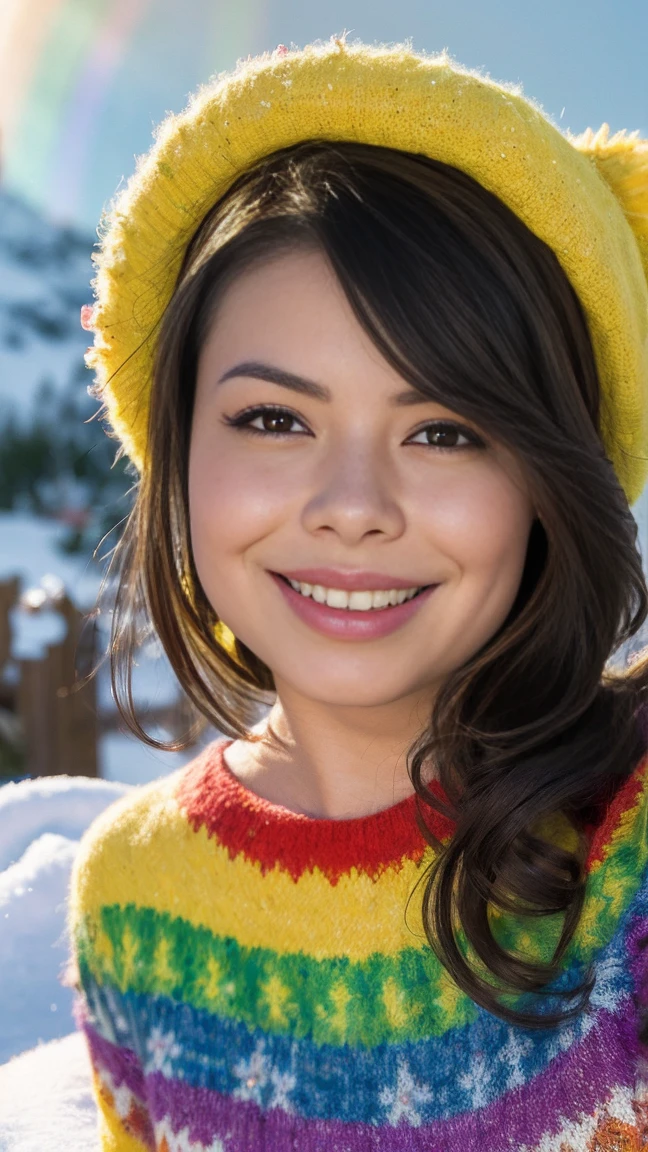 (8k, RAW photo, best quality, masterpiece:1.2), Miranda Cosgrove highly detailed,ultra-detailed, thaidollparichart, (1girl:2.0), smile, (head shot:1.4),snow-covered mountain peaks,(rainbow sweater:1.4) , multicolored clothes,wool hat, cough from mouth, morning light, warm rays, intricated background, selfie,
