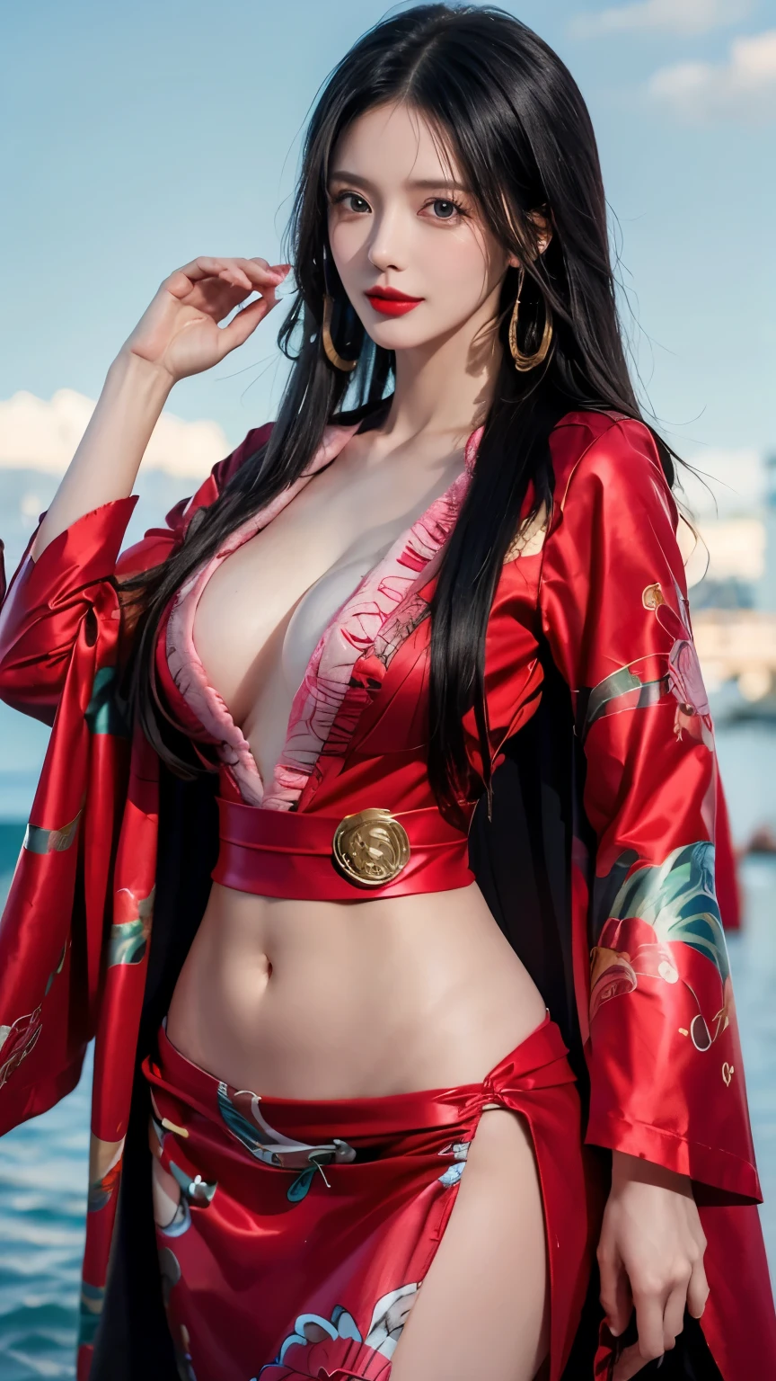 a close up of a person with long hair, kimono, boa hancock, boa hancock from anime one piece, as an anime character, perfect anime face, she has black hair with bangs, female anime character, anime character, anime best girl, hime cut hairstyle, black hair, (red glossy lips:1.3), blue eyes, smile, sea background, (beautiful face:1.3),standing , fullbody , looking at view