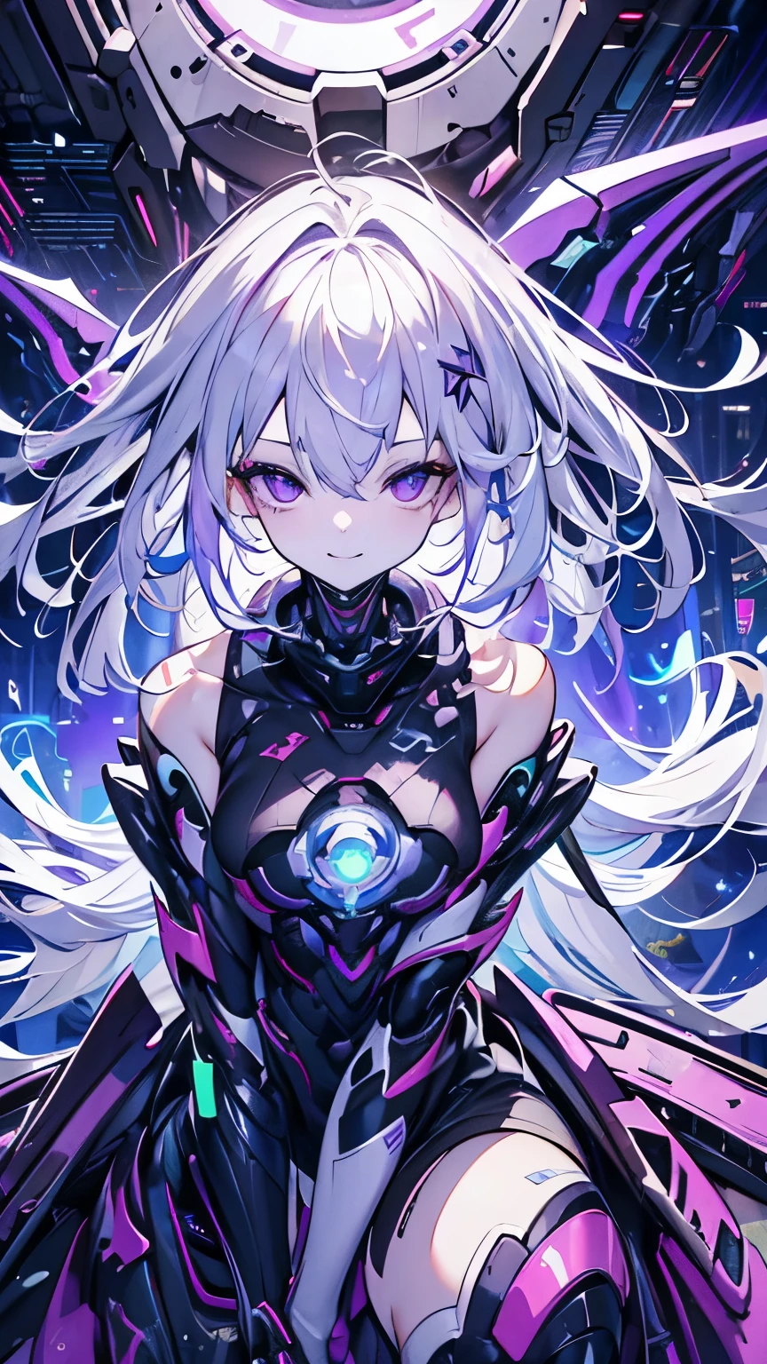 silver hair, hair between eyes, sidelocks, facepaint, hairpods, purple eyes, nervous smile, cinematic lighting, UHD, (super detail), high quality, best quality, ((masterpiece)), Cyberpunk, cyberspace, countless colorful rays, female android, mechanical body, ((Full body portrait)), (get down on one knee), bending down