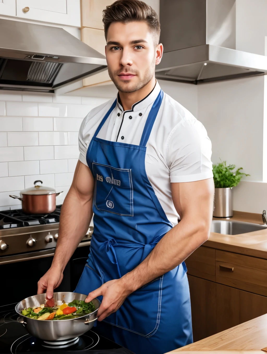 1man, front view, naked apron, elegantly cooking in a kitchen , wearing a chic apron, penis head shows below apron, 