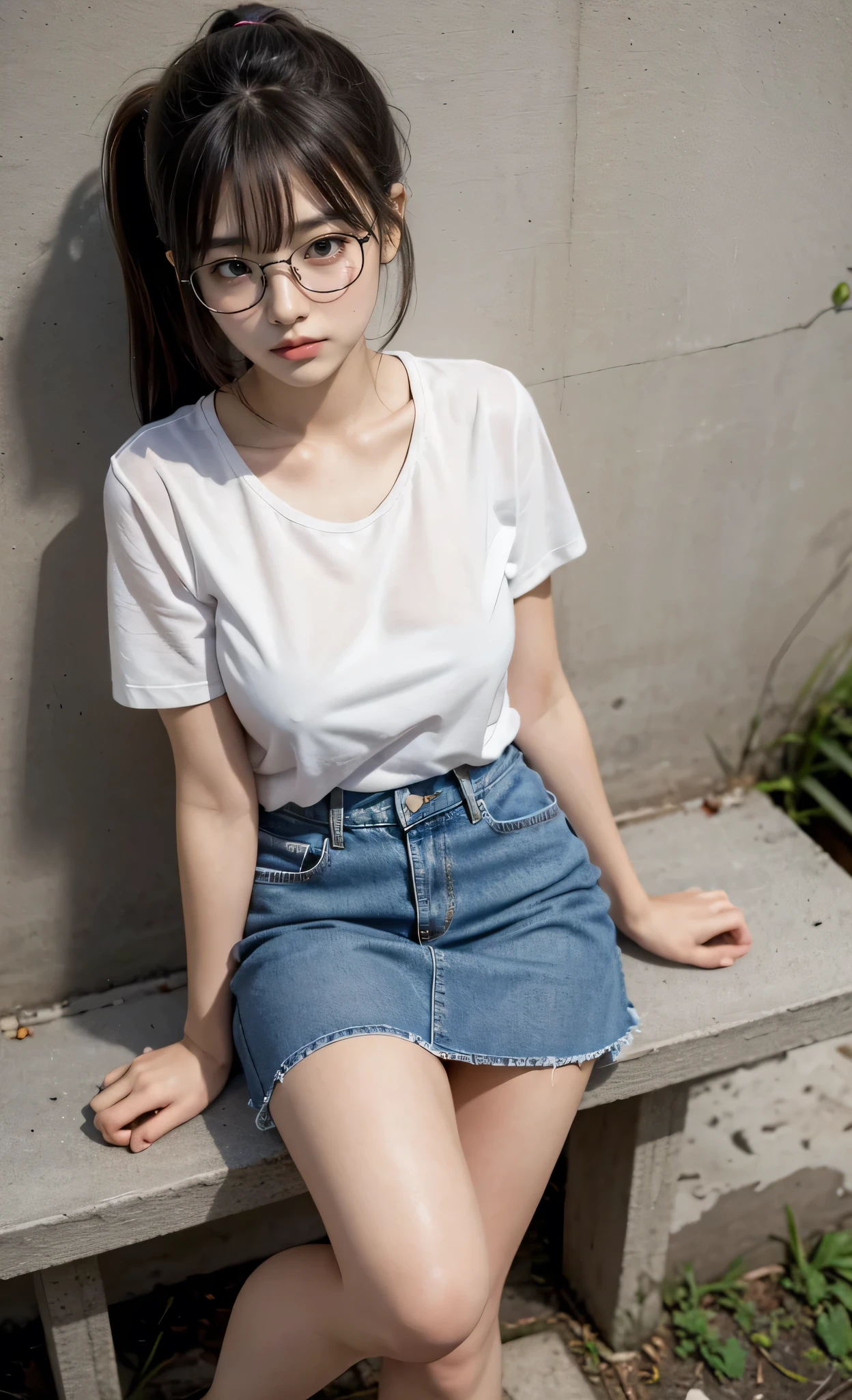 detailed_background, realistic, 1girl, looking at the viewer, sitting on bench, abandoned house, nighttime, back against the wall, eyeglasses, blushes, side_ponytail, bangs, white t-shirt, cleavage, big_boobs, small waist, denim, mini skirt, bare legs, thighs, thicc_thighs, knees, side view, view from below,