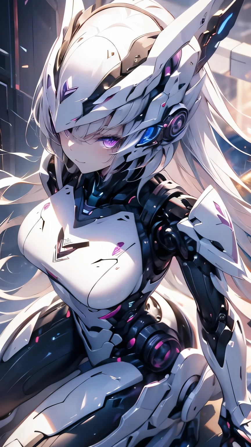 silver hair, hair between eyes, sidelocks, facepaint, hairpods, purple eyes, nervous smile, cinematic lighting, UHD, (super detail), high quality, best quality, ((masterpiece)), Cyberpunk, cyberspace, countless colorful rays, female android, mechanical body, ((Full body portrait)), (kneeling), bending down