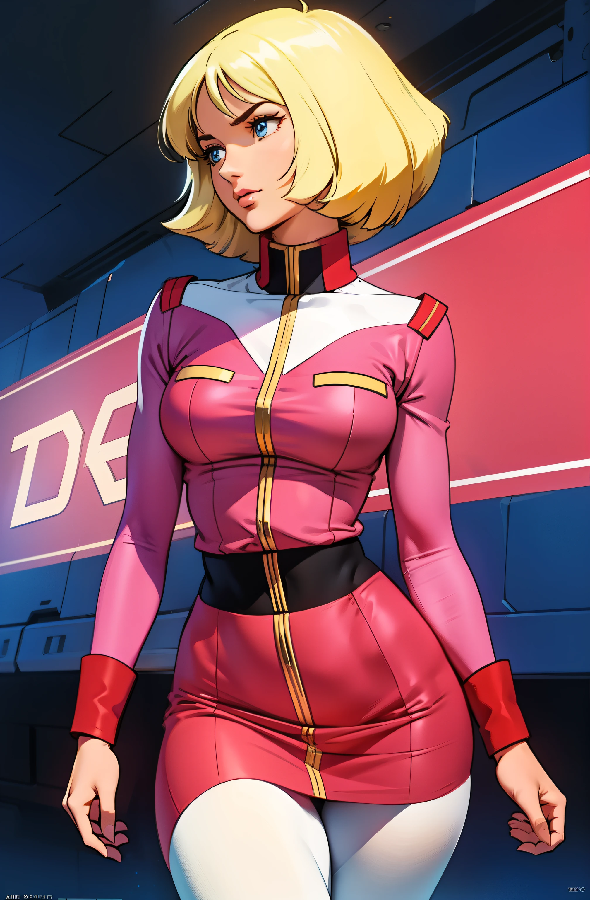 ((masterpiece)), ((cinematic lighting)), realistic photo、Real Images、Top image quality、1girl in, sayla mass, Elegant, masterpiece, Convoluted, slim arms, wide hips, thick thighs, thigh gaps, Best Quality, absurderes, high face detail, Perfect eyes, mature, Cowboy Shot, , Vibrant colors, soft pink uniform, soft pink Skirt, white tights, side view