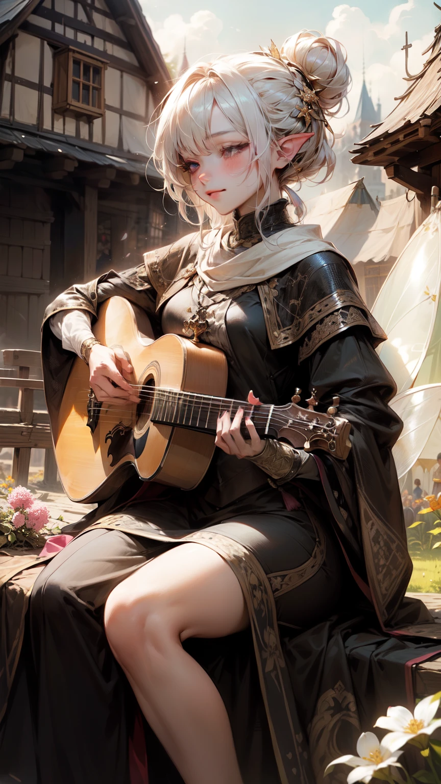 ((masterpiece)), (highest quality), (highest quality), ((Super detailed, 8K quality)), Cinema Lighting, Volumetric lighting, (Detailed line drawing), Absurd, (Best Composition), (High resolution), aesthetics, Calm mood, (a graceful gorgeous young Fairy woman, 足を組んでPlaying the lute instrument彼女の姿は観衆を魅了した。),  ((Beautiful and elegant)), (((Playing the lute instrument))), ((Play music while sitting outdoors (Medieval:1.3) spring festival)), ((graceful physique)), Mid-chests, (Elegant black silk shimmering cocktail dress with gold embroidery), Bright spring lighting, (Crowded village festival outdoors), ((people in background field of flowers and tents Medieval Europe style)), celebration!, Depth of written boundary, Sharp focus, (Fantasy:1.3), [A dramatic, cinematic atmosphere],[Atmospheric perspective],
break,
Very detailed ((Fairy:1.4)), (One girl), alone, Perfect Face, Details, Hair Bun, (Hime cut, bangs:1.2), (White, shiny hair:1.2),((Blindfold, close your eyes)), (Beautiful fine eyelashes, eye shadow, pink eye shadow),  A kind smile, Concept art by Mikimoto Haruhiko, Kawashi, by Yoshitaka Amano, break, 
((Perfect Anatomy)), Perfect body, (Mid-chest), Perfect hands, Perfect Face, Beautiful Face, Beautiful Eyes, Perfect Eyes, (Perfect Fingers, Detailed fingers), Correct Anatomy, Perfect Legs, 