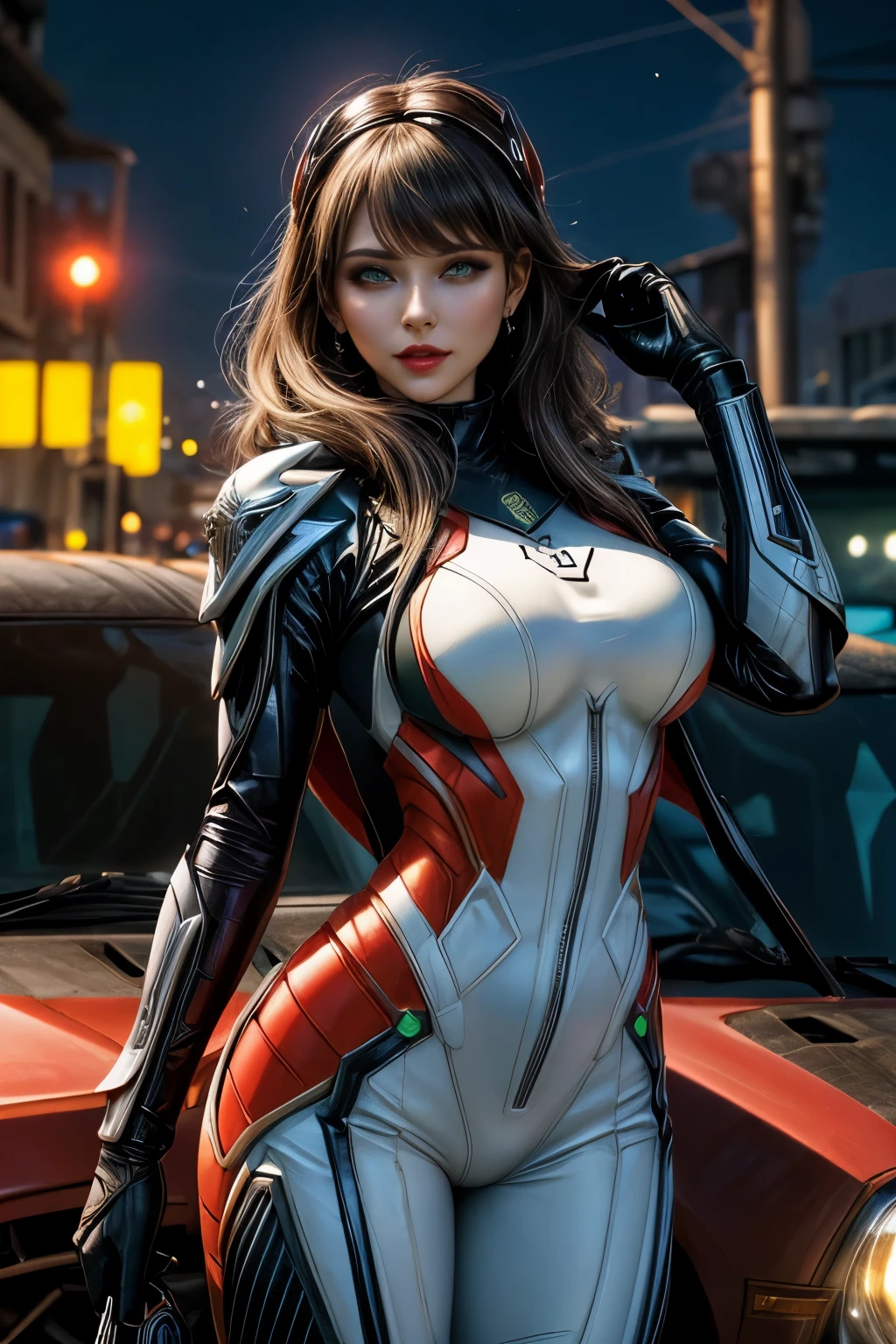 A woman wearing a Kamen Rider latex suit, traje todo branco com partes em rosa, usando o cinto de Kingstone com uma joia circular vermelha no centro. | The suit is too tight on the body. | Wearing Kamen Rider's helmet on his head, Your hair is green, cabelo curto, cabelo espetado, cabelo com franja pontuda na frente do olho direito. | It's looking directly at the computer. | plano de fundo: In a city completely destroyed at night, chovendo forte, com muitas estruturas de pedra, muitos escombros grandes, Lots of destroyed vehicles, Many large shipwrecks ((uma mulher: Strike a dynamic pose with interaction and lean on anything, estrutura, em algo)), Maximum sharpness, UHD, 16k, Estilo anime, best possible quality, Ultra Detalhado, best possible resolution, ((imagem de corpo inteiro)), Motor Unreal 5, Kamen Rider, Tokusatsu, Ultra-technological, perfect hand, Dedos, hand, perfeito, Melhor_Hands, mais detalhes,Reelmech