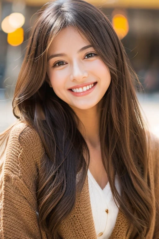 She is a woman from the front with long, straight hair of a light brown tone. Her eyes are brown. , llenos de vida y expresividad. Your face radiates a friendly expression Your skin is a warm and healthy tone,