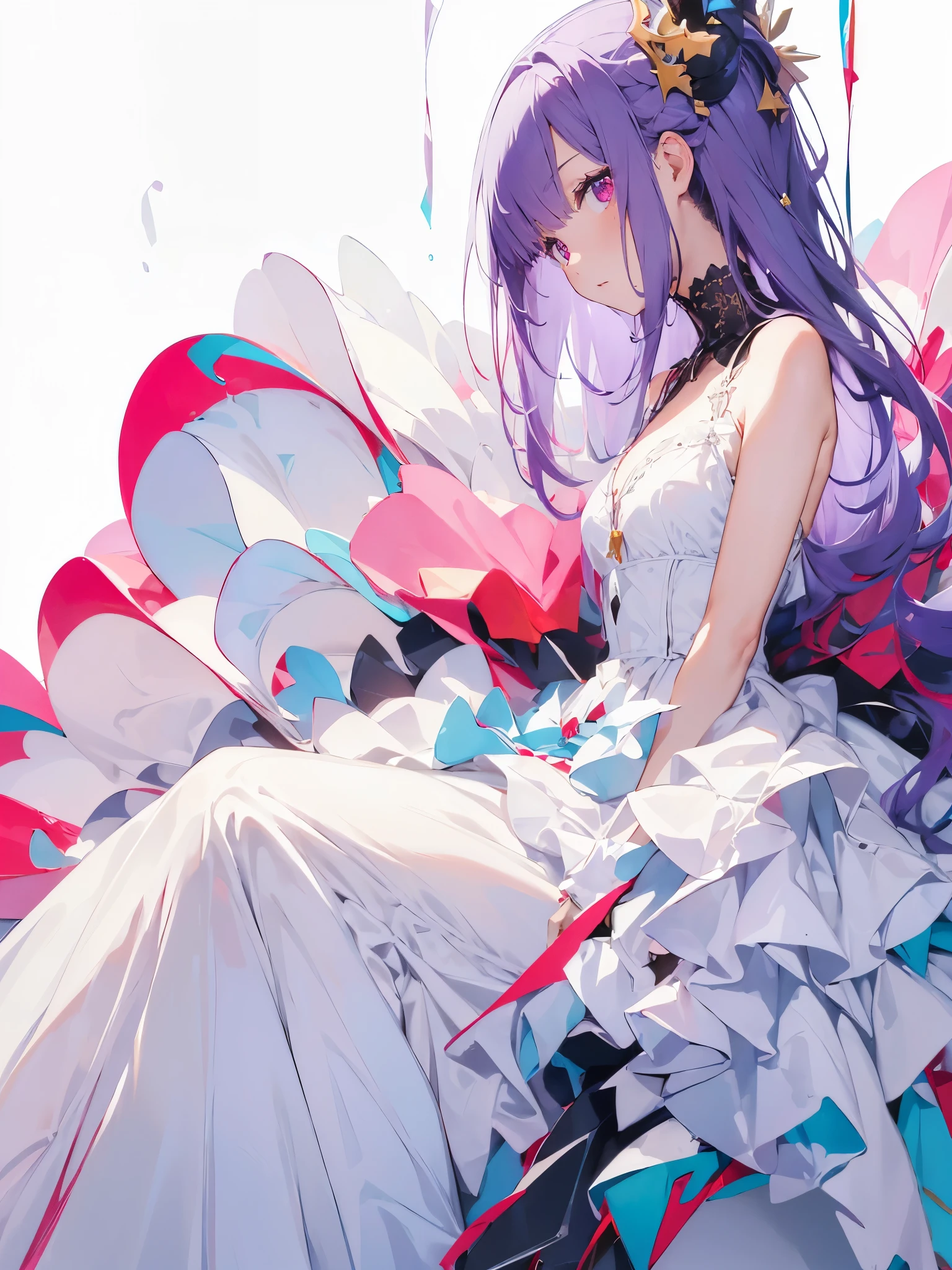 (White Background:1.5)One drunk girl, Beautiful and fine details, Long purple hair, Pale red eyes, Princess Dress, Sitting, Side Shot, (null:1.3),Abstract