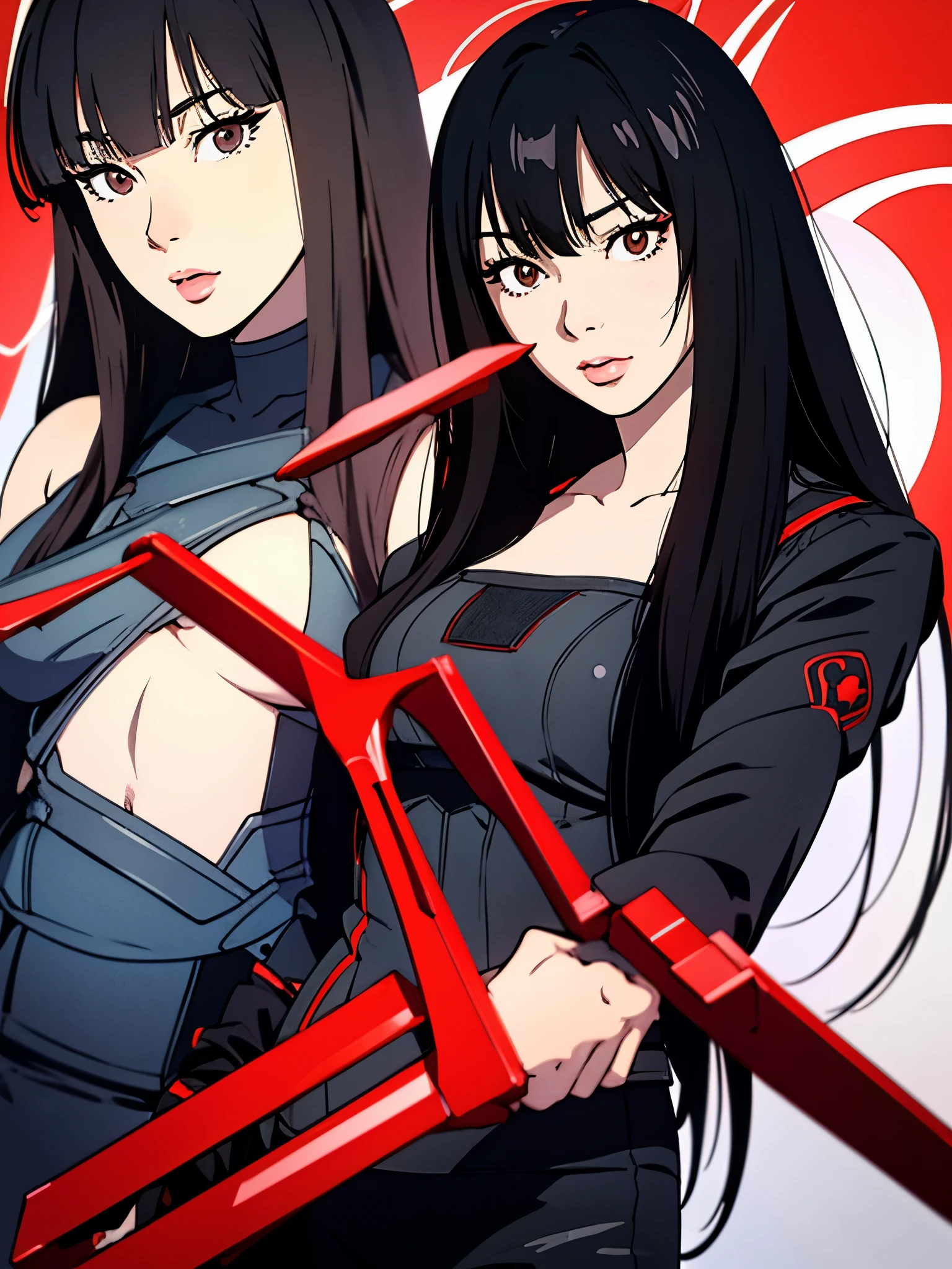 digital art drawing, illustration of (anime girl, long black hair with bangs, brown eyes, flat chest, confident look, black and red latex suit, tactical vest), anime drawing/art, bold linework, illustration, digital art, masterpiece, flat illustration, no shadows, 8k resolution, high detail, vector art, only anime, perfect eyes, perfect hands, perfect fingers, sharpness, high clarity, medium close up, high fidelity
