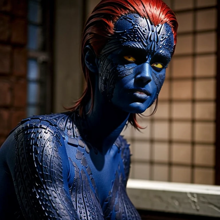 looking at viewer, sexy, solo, in town,(mystique, blue skin, red hair, yellow eyes, scales:1.2)