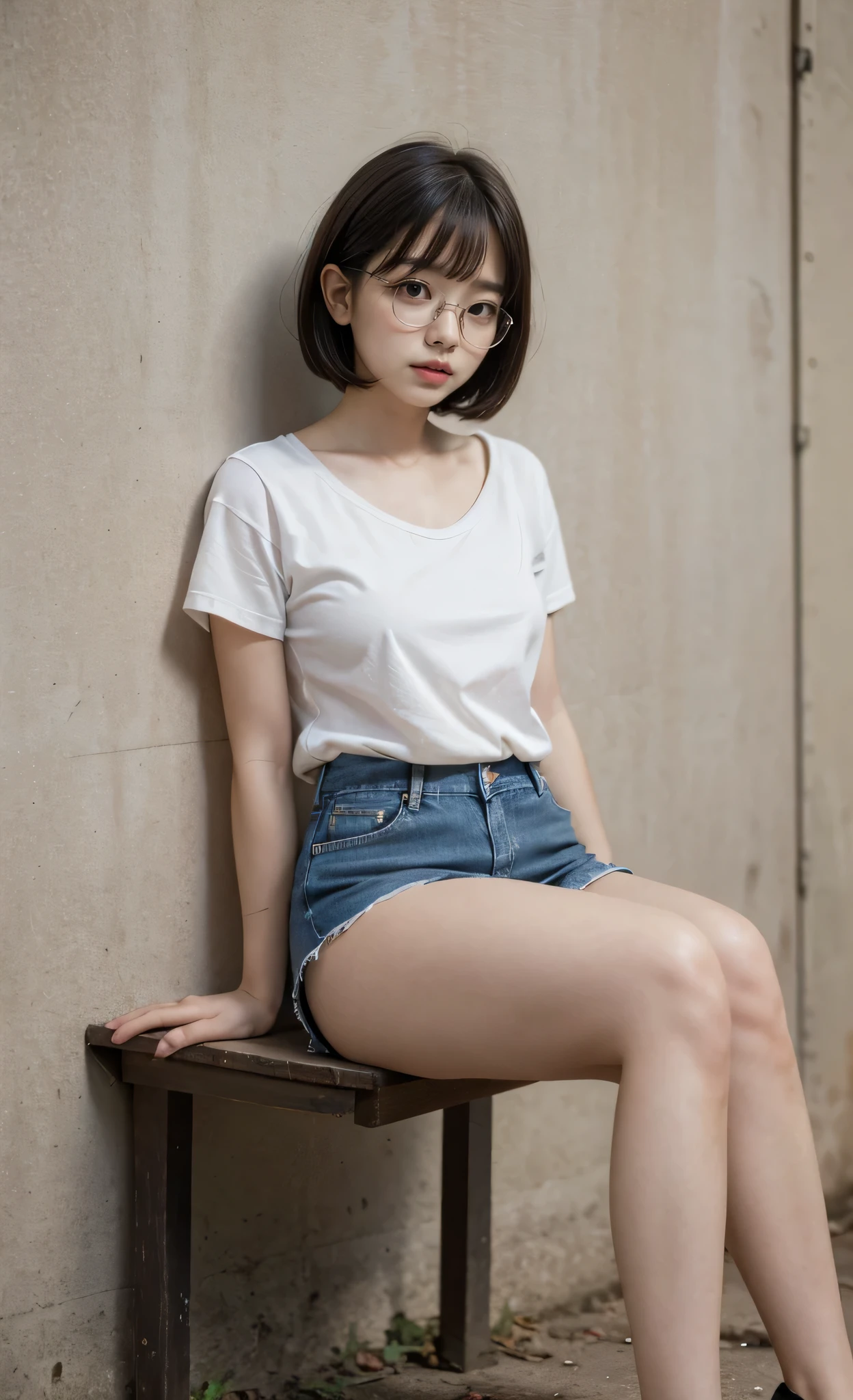 detailed_background, realistic, 1girl, looking at the viewer, sitting on bench, abandoned house, nighttime, back against the wall, eyeglasses, blushes, bob_cut, bangs, white t-shirt, cleavage, big_boobs, small waist, denim, mini skirt, bare legs, thighs, thicc_thighs, knees, side view, view from below,