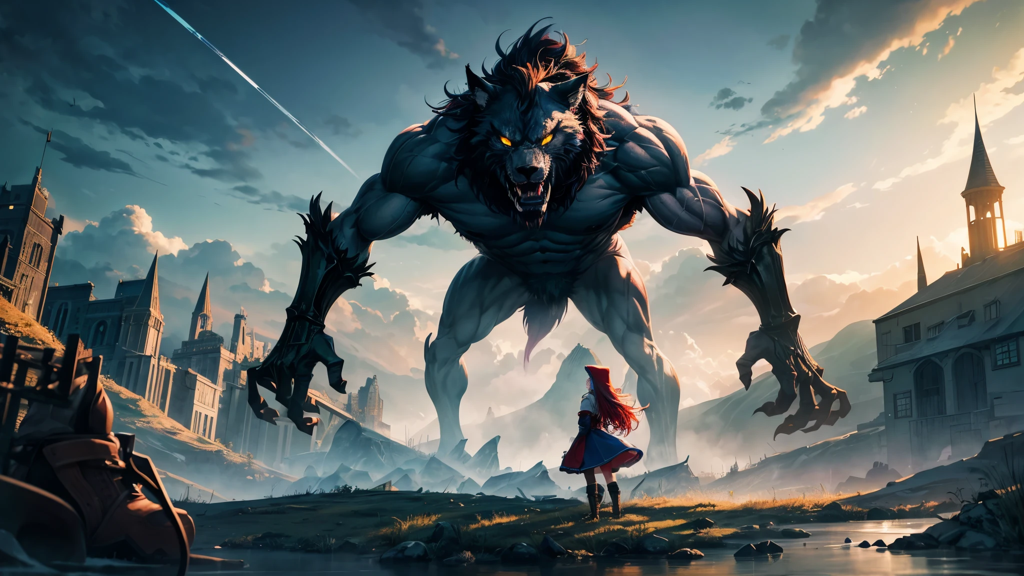 cloud, cloudy sky, sky, night moon, mountain, moon, outdoors, city, scenery, lightning, twilight, moonlight, horizon, big wolf behind a girl, monster, sharp teeth, no humans, building, fantasy, little Red Riding Hood, sword,1girl, extremely detailed 8K wallpaper, highres, best quality, very long hair, multicolored hair, evil smile, medium breasts, abdominal muscles, standing, girl in front