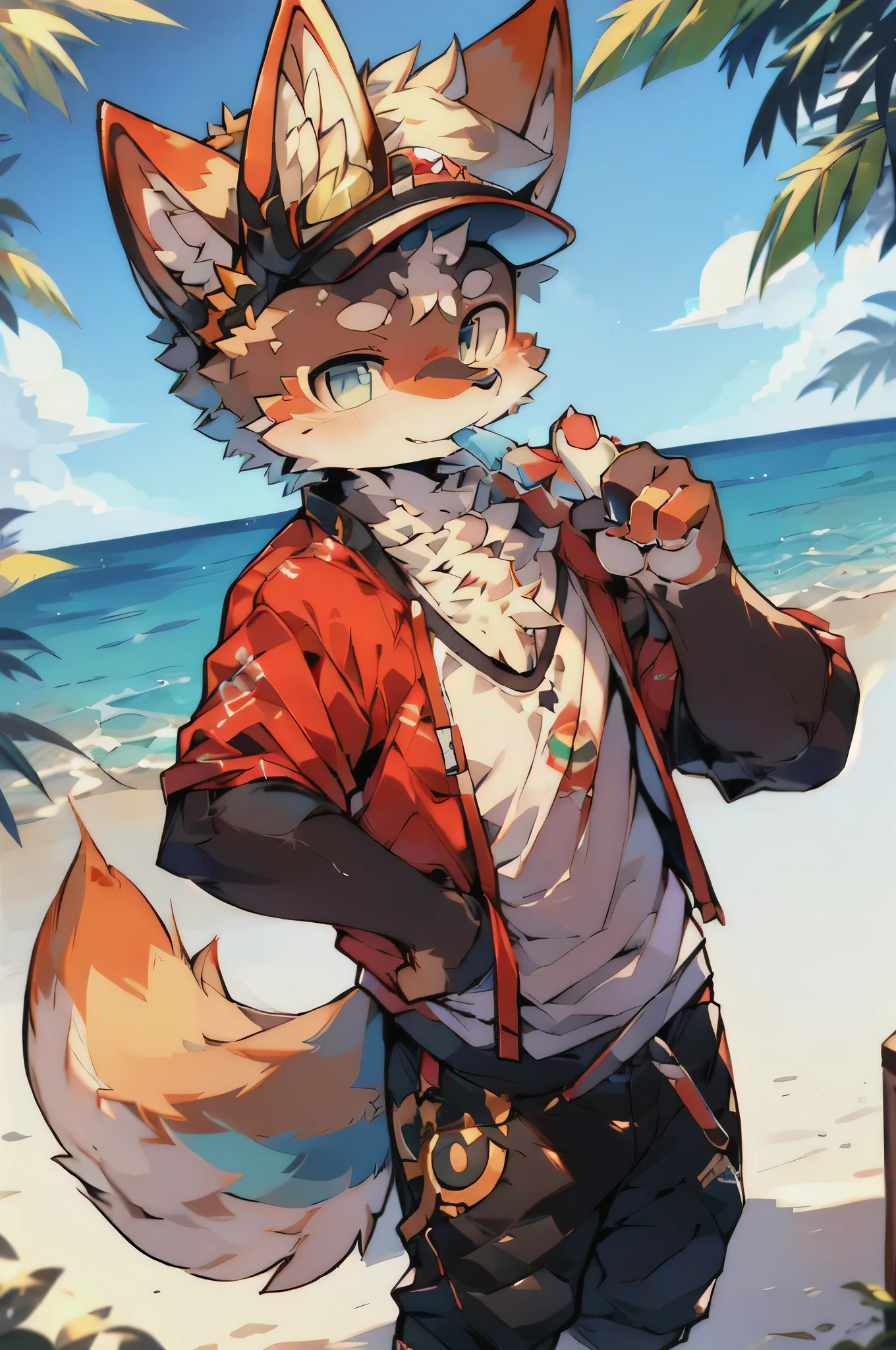 author：Kirito, Mammals, Furry, Canidae、fox motif、male, alone, wear, visor, Licking a popsicle, summer,