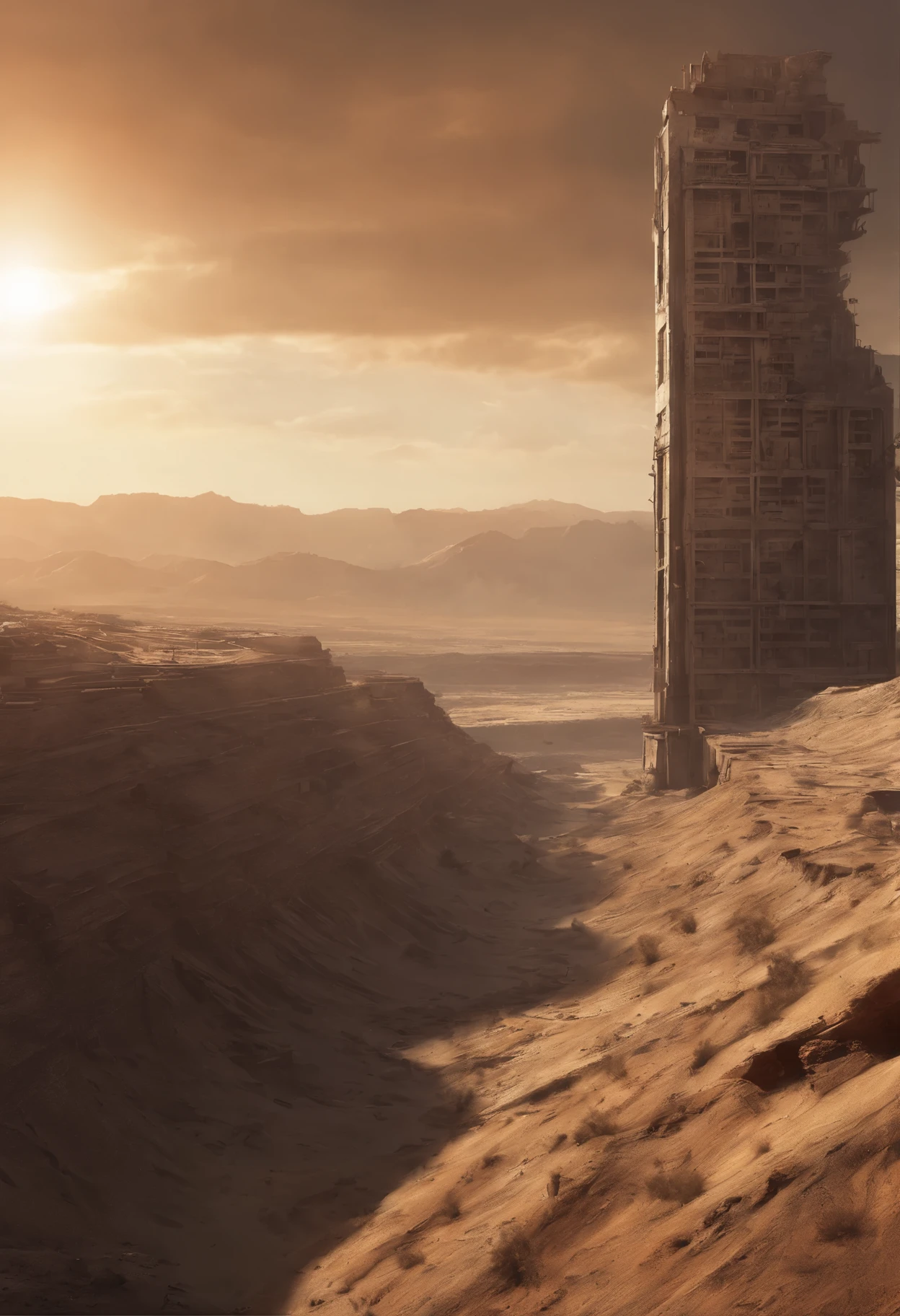 image of the view from inside a winding bridge between a tall tower in the center of a post-apocalyptic North American canyon and another building, view of the entire desert, there is a reinforced concrete walkway connecting one building to another on the horizon, o deserto tem canyons no horizonte, tall buildings on the horizon and everywhere, has smoky structures, carros abandonados nas ruas, desert megalopolis, tall buildings and collapsing to the ground, many destroyed buildings around, sol da tarde, orange sky, visible sun setting, sunset in the sky, sol poente visivel no horizonte alaranjado, TEM UMA GAROTA VESTIDA COM CAPUZ ANDANDO NA RUA, as realistic as possible, As detailed as possible, as realistic as possible, ultra realismo