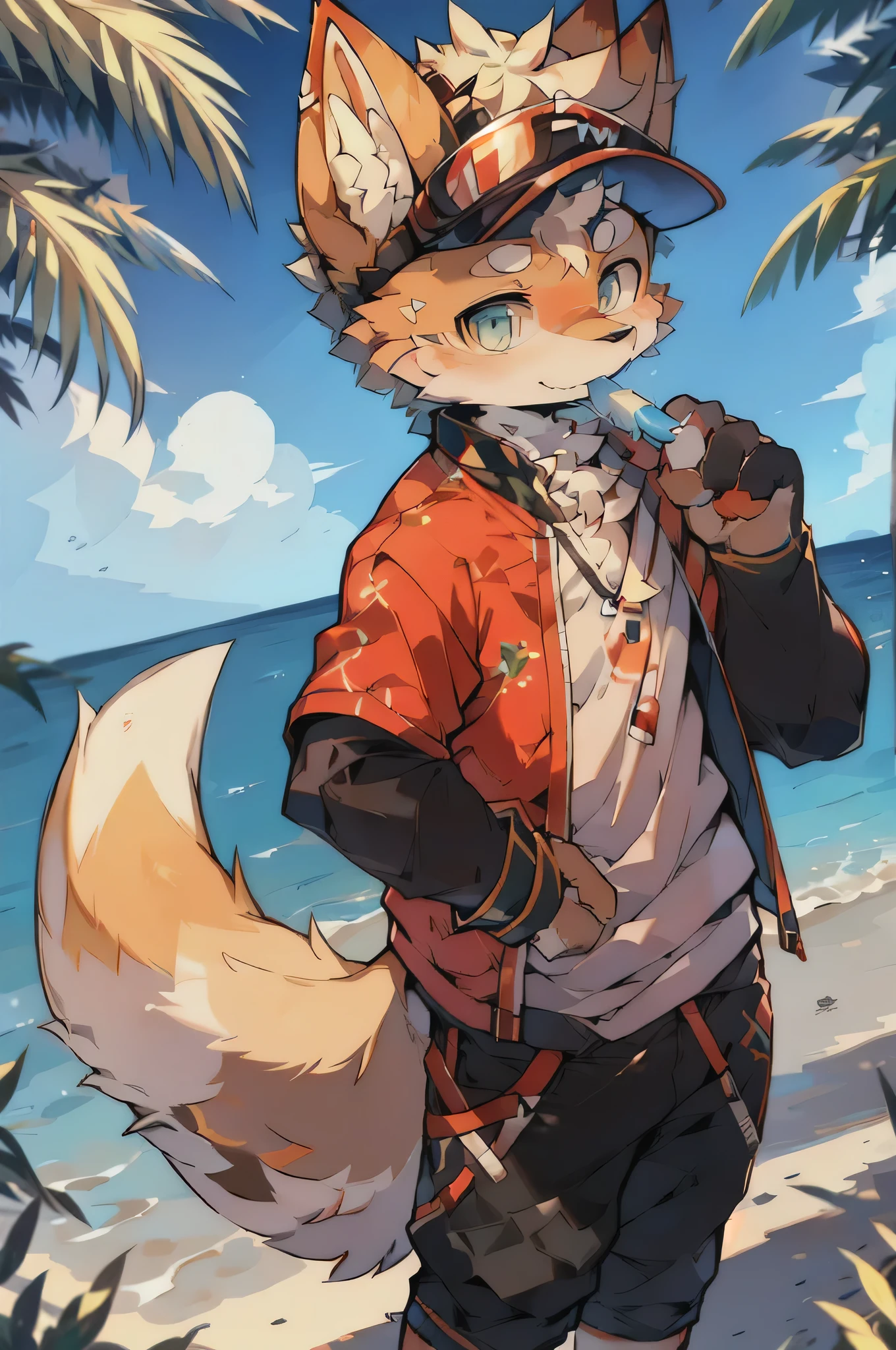 author:Kirito, Mammals, Furry, Canidae、fox motif、male, alone, wear, visor, Licking a popsicle, summer,