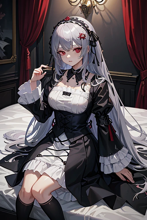 masterpiece, highest quality, High resolution, 1 -yeld giRed eyes、
Gray Hair、Straight Long Hair、Luxury Bedroom、sui1, suigintou, Gothic Dress, Flower Hair Ornaments, Long sleeve, gothic hair band, ribbon, Black Dress, Black wings