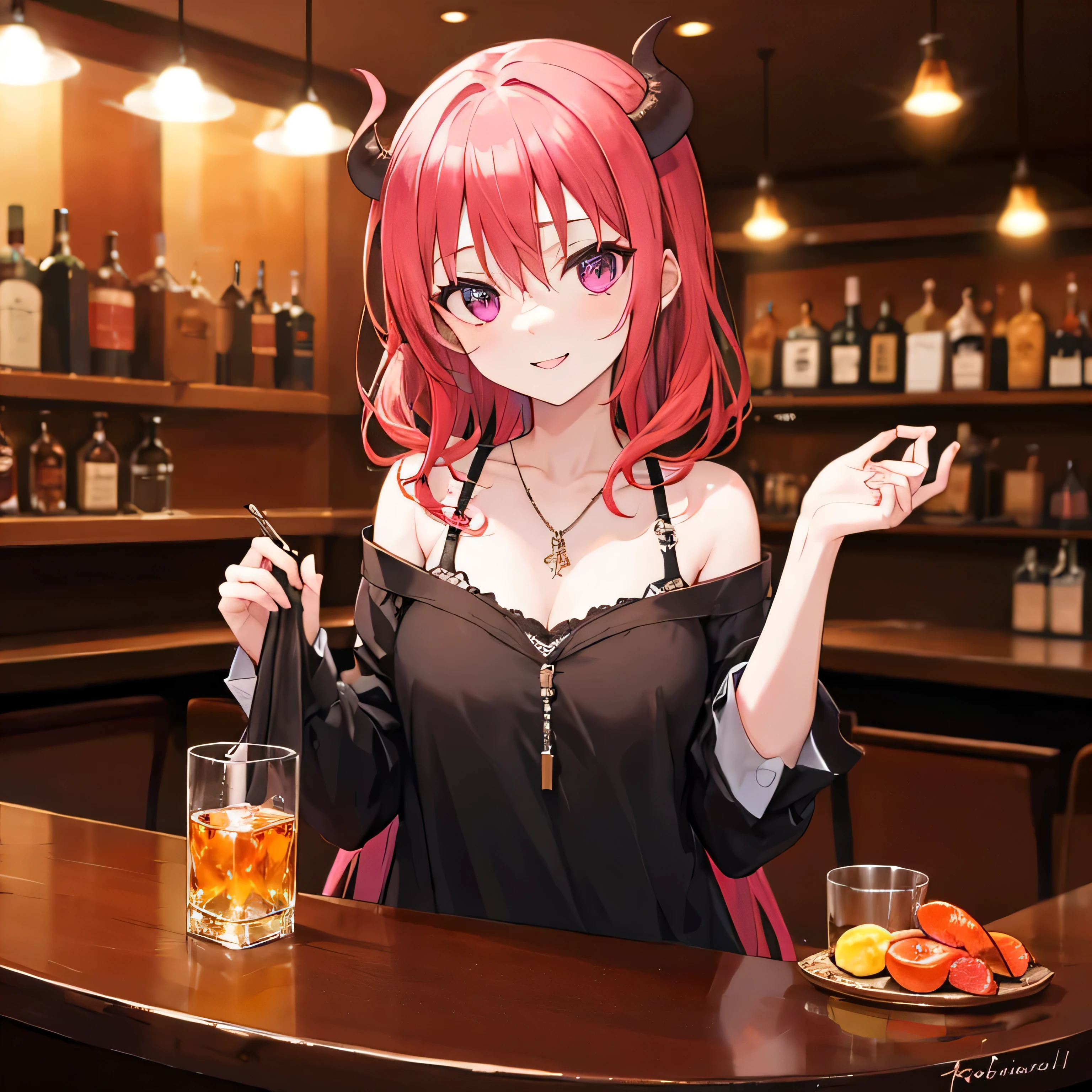 Satanichia mcdowell vestida con ropa bonita 
casual negra en una mesa de un bar posando con ina sonrisa al beber un vaso de whisky 

ojos magenta 