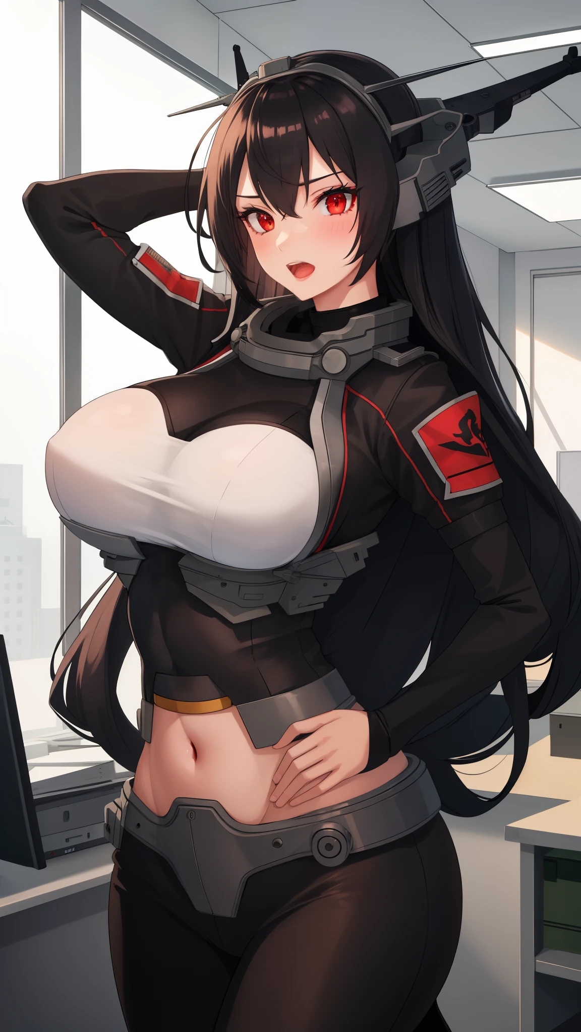 best quality, masterpiece, highres, solo,  black_hair, long_hair, red_eyes,hair_between_eyes, headgear, large_breasts, ,,indoor,,open mouth,wide hips,office suit,office room,tall,indoor