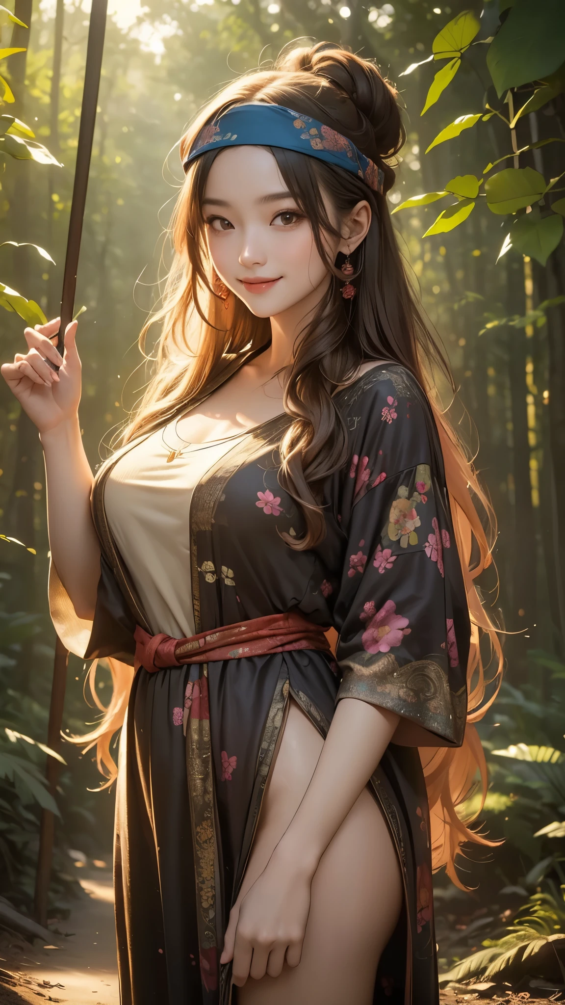 ((best quality, 8K, masterpiece :1.3)), 1 woman, Korean woman,  glowing skin, hippie style,long hippie perm, hippie headband, hippie clothes, smile, in the forest, bonfire, night, open one&#39;s eyes upward