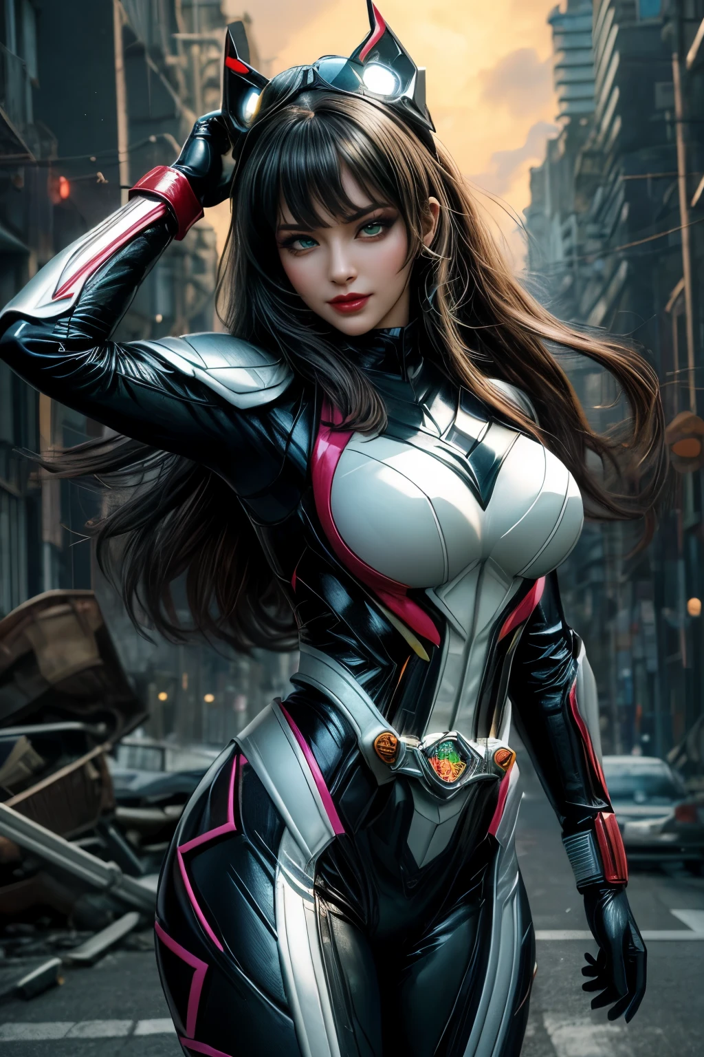 A young pretty woman with a tight futuristic armored suit, pretty face, long curly hair, squatting in a devastated city, sexy pose, cameltoe, earrings, seminude, looking_at_camera,