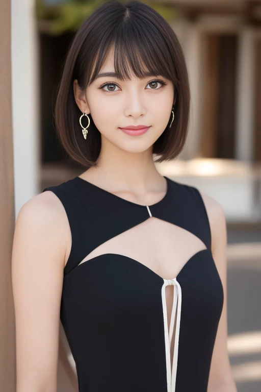 (8k, RAW Photos,highest quality, High resolution:1.1), (Ultra-realistic:1.4),(Realistic, Realistic:1.3),The Beauty of Japan、Japanese、Asian、Realistic Skin、(Small chest:1.4),Pretty woman with perfect figure:1.4,(from the front:1.5), (Enhances the beauty of skin texture:1.1), (Beautiful fine details), (Detailed face),美しいRealisticな顔,No makeup、美しいBlack Hair、Super Beauty、The best smile、Natural color lip、Even bangs、Hide eyebrows with bangs、((29-year-old woman))、Bob Hair、Hair blowing in the wind, (Black Hair, Iris, Watery eyes, Shining Eyes, Short bob cut hair, Small earrings, Lightly reddish), Hair behind the ear、No makeup、(Drooping eyes)、Drooping eye corners、Photos taken by a professional photographer,1 girl, Full Body Shot,Rhythmic gymnastics club、Rhythmic Gymnastics Uniform、((whole body:1.3))、