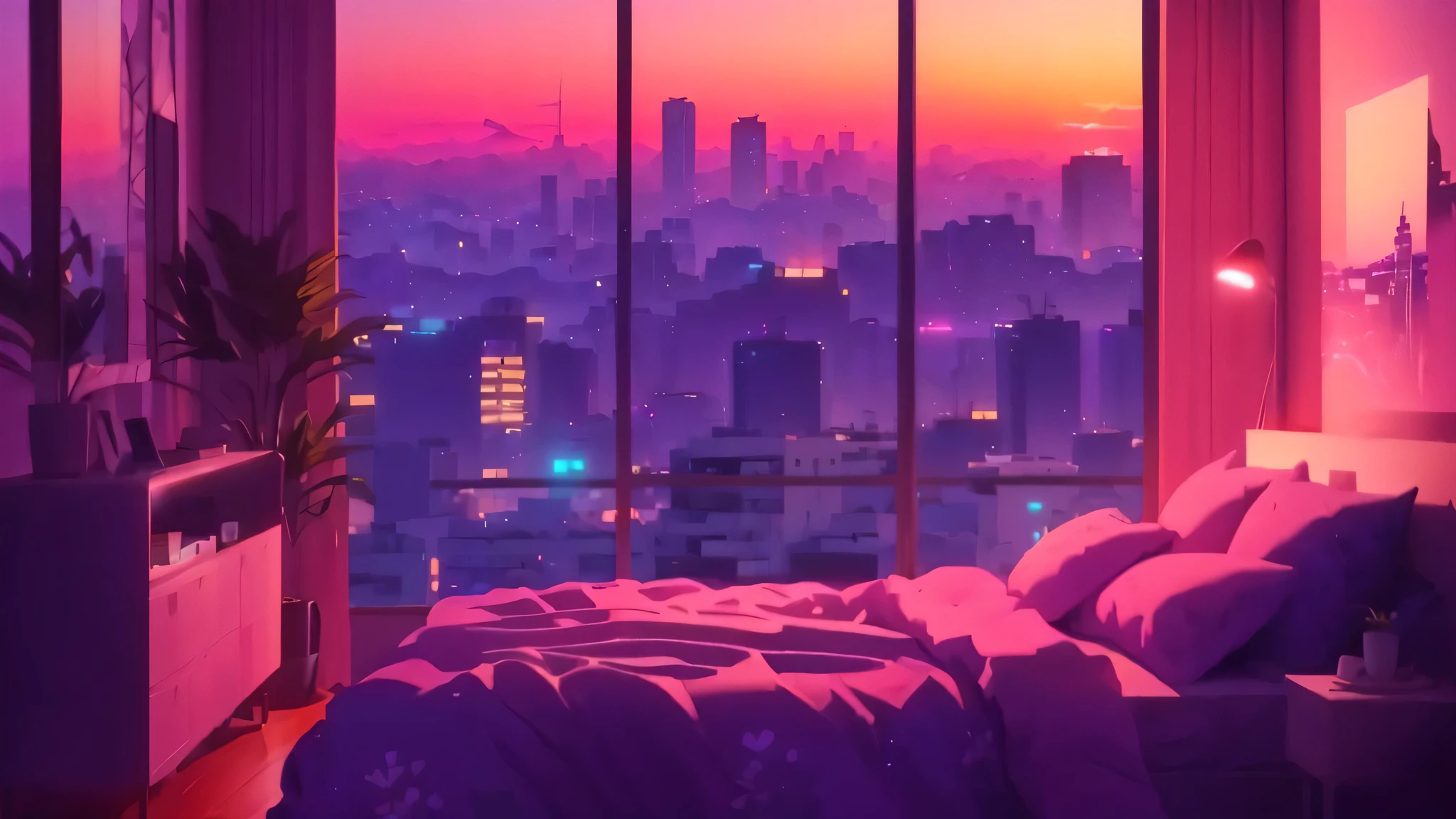 quarto roxo com vista para a cidade, paisagem de Ilya Kuvshinov, fundo do nascer do sol vaporwave, sonho como atmosfera 8k, set on the rooftop of Tokyo, synthwave aesthetic, anime aesthetic, fundo do quarto, lofi aesthetic, wallpaper aesthetics, cidade de ondas de vapor, lofi sente, vaporwave sunset, scenery wallpaper aesthetics, neo tokyo background