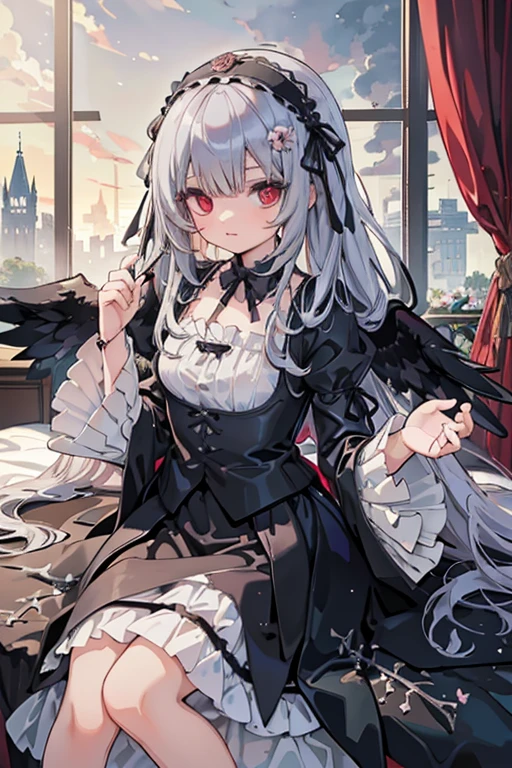 masterpiece, highest quality, High resolution, 1 12-year-old girl、Red eyes、
Gray Hair、Straight Long Hair、Luxury Bedroom、sui1, suigintou, Gothic Dress, Flower Hair Ornaments, Long sleeve, gothic hair band, ribbon, Black Dress, Black wings