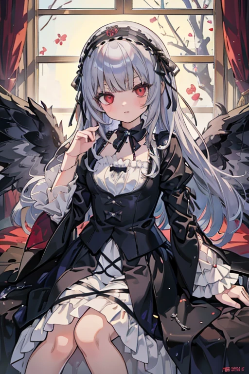 masterpiece, highest quality, High resolution, 1 、Red eyes、
Gray Hair、Straight Long Hair、Luxury Bedroom、sui1, suigintou, Gothic Dress, Flower Hair Ornaments, Long sleeve, gothic hair band, ribbon, Black Dress, Black wings