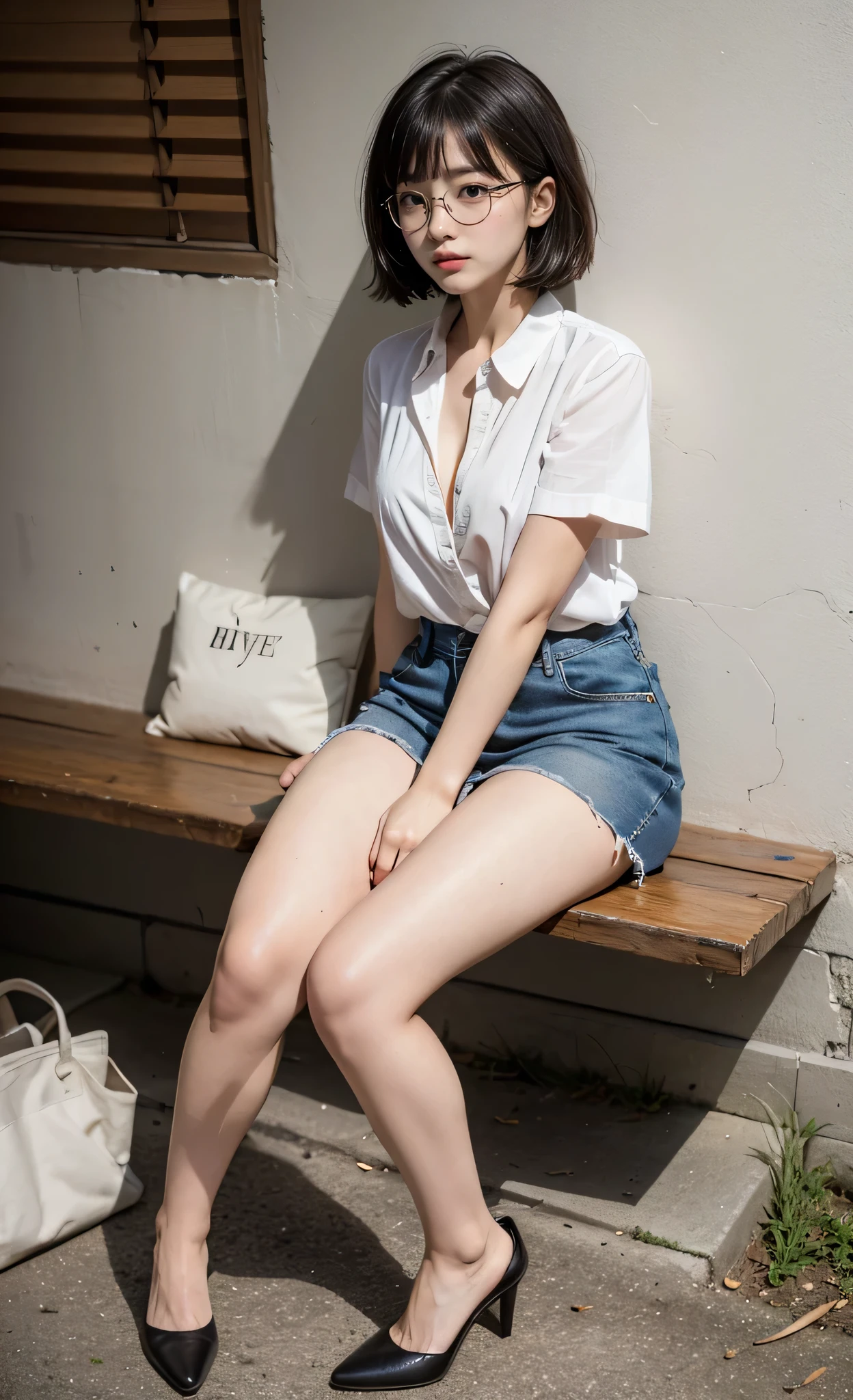 detailed_background, realistic, 1girl, looking at the viewer, sitting on bench, abandoned house, nighttime, back against the wall, eyeglasses, blushes, bob_cut, bangs, white short sleeve blouse, cleavage, big_boobs, small waist, denim mini skirt, bare legs, thighs, thicc_thighs, highheels, side view, view from below,