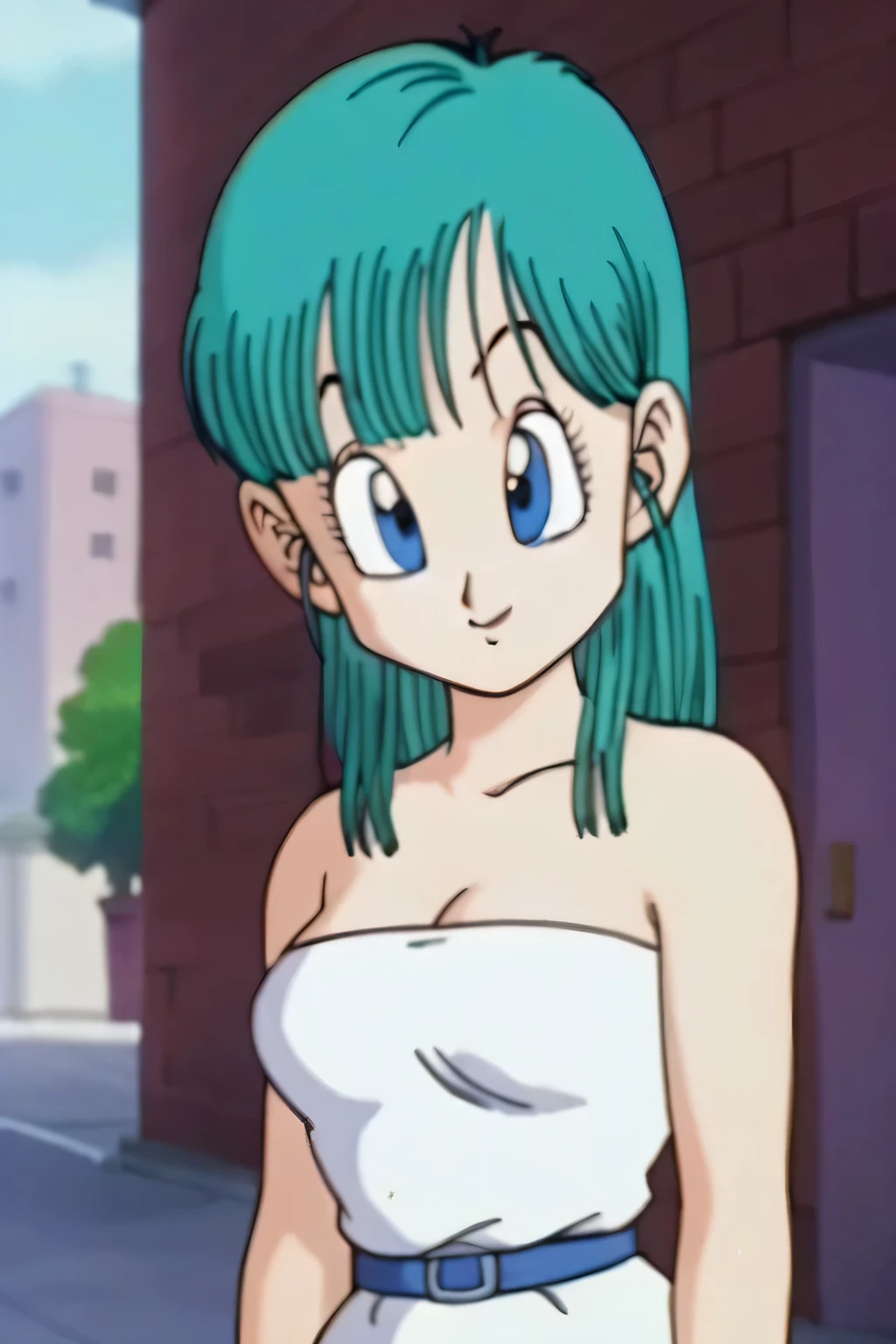 source_anime, score_9, score_8_up, score_7_up, anime screencap, 
bulma \(dragonball\), aged_up, brick wall, blue skies, 1girl, solo, medium hair, blue eyes, outdoors,  tree, aqua hair,  strapless, black sweetheart dress, black pencil skirt, right arm down, contrapposto, left hand on own hip, retro artstyle, 1990s \(style\),  looking at the viewer, medium breasts, upper body, smile, standing, 
 