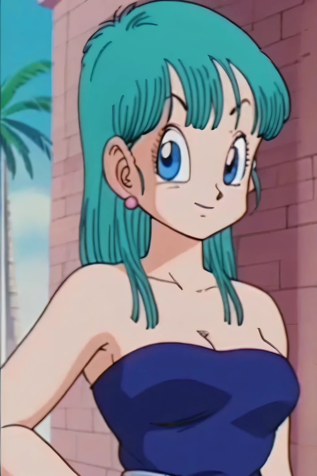 source_anime, score_9, score_8_up, score_7_up, anime screencap, 
bulma \(dragonball\), aged_up, brick wall, blue skies, 1girl, solo, medium hair, blue eyes, outdoors,  tree, aqua hair,  strapless, black sweetheart dress, black pencil skirt, right arm down, contrapposto, left hand on own hip, retro artstyle, 1990s \(style\),  looking at the viewer, medium breasts, upper body, smile, standing, 
 